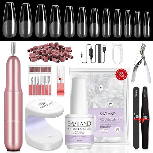 Miniatura 2 de SAVILAND Gel X Kit de uñas  Kit de puntas de uñas y gel de pegamento con taladro de uñas de 0.5 onzas, 500 puntas de uñas largas de ataúd con 4