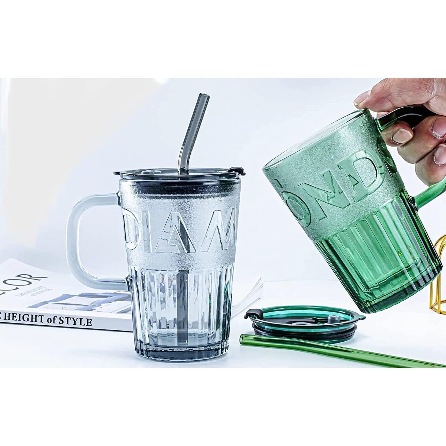 UGU ZONE Glass Mug with Lid & Glass Straw 400 ml, Reusable Glass Tumbler Sipper Bottle with Leakproof Lid for Coffee Tea Milk Smoothies Juice, Travel Office Mug (Green, Set of 1) 4