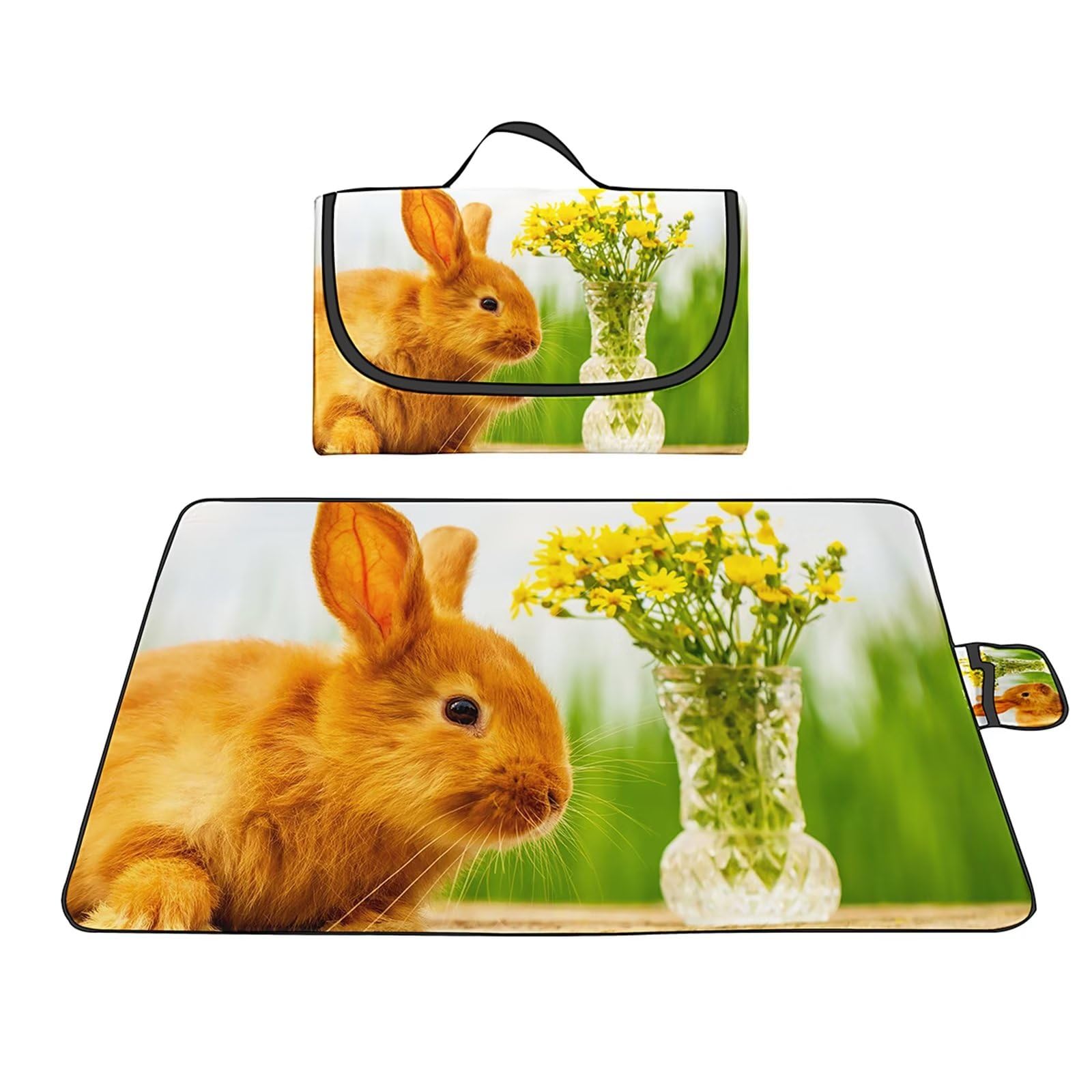 Couverture Pique-nique Imperméable 100x150cm,Couverture Plage Extérieure XXL Tapis de Plage,Lapin à fleurs jaunes Camping Couverture étanche Pique-nique avec Poignée pour Camping Randonnée Parc Plage