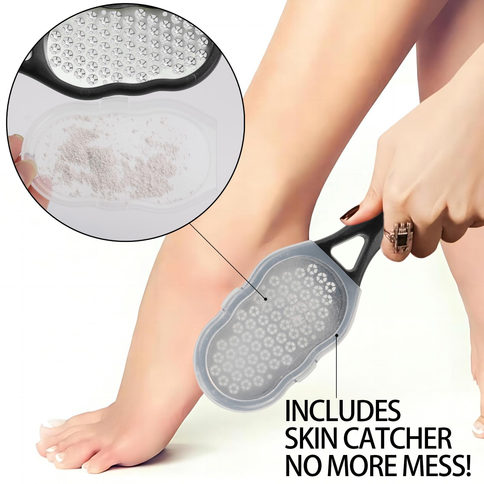 2 limas de pies con recolector de piel, raspador de pies de acero inoxidable, removedor de callos, pedicura, rallador de pies, limpiador de piel muerta para pies 4