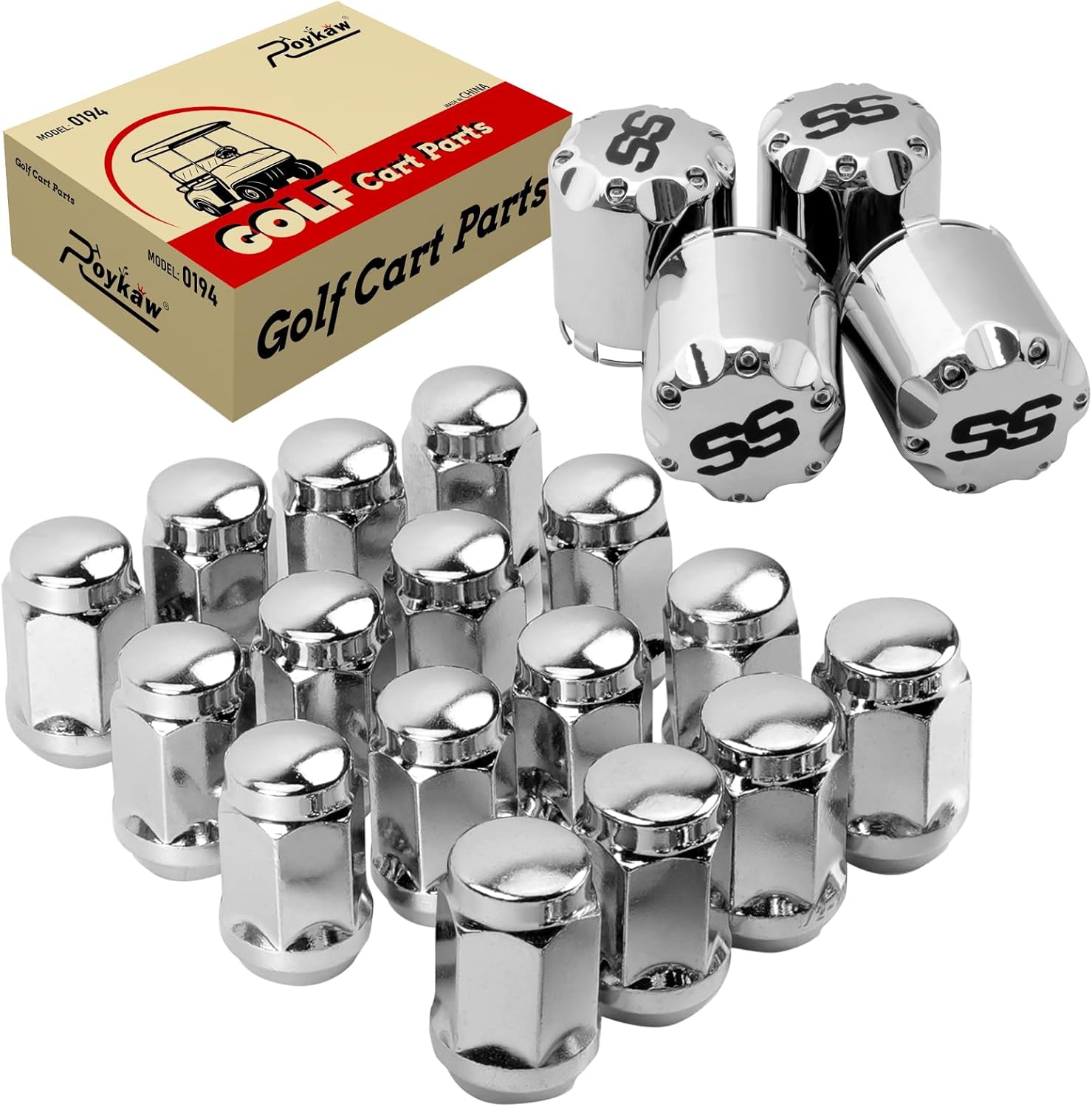 Roykaw Golf Cart Wheel Lug Nuts and Chrome SS Wheel Hub Cap Covers Kit for EZGO Club Car