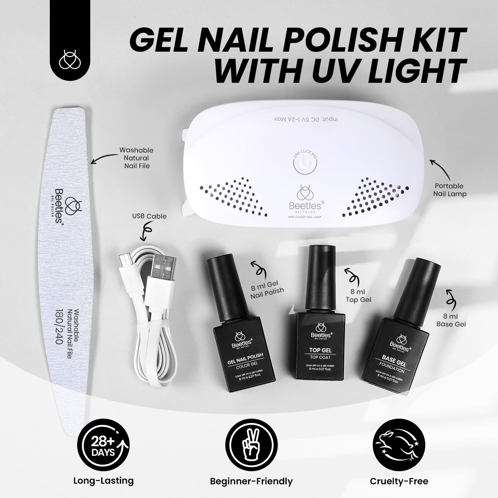 Beetles Black Gel Nail Polish Kit with U V Light, 5 Pcs Gel Polish Kit with Base & Top Coat and Nail File for Beginners Soak Off Black DIY Art Set Manicure Gifts for Women Teen Girls