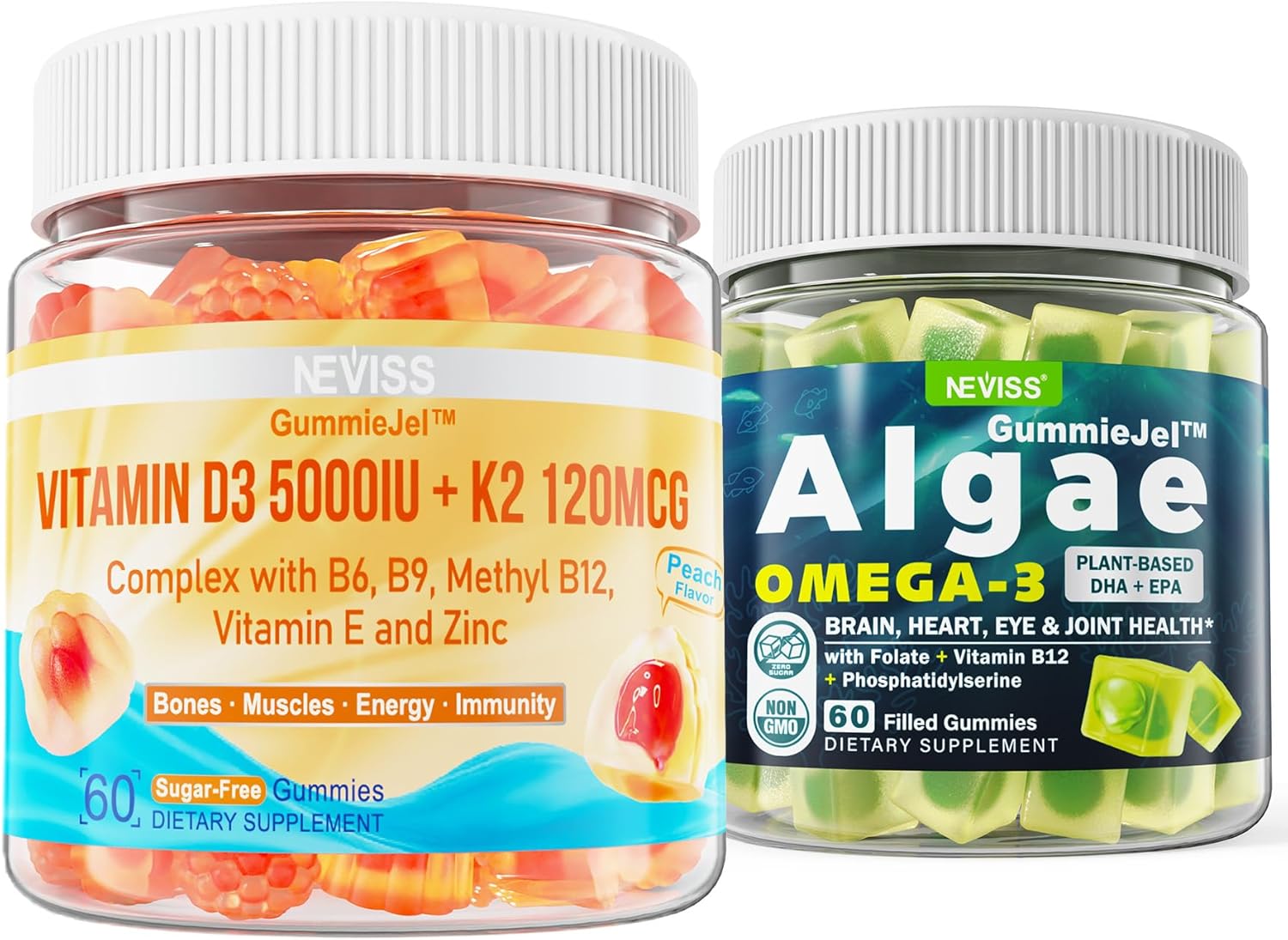 NEVISS Vitamin D3 5000IU + K2 (MK-7) 120mcg Filled Gummies + Vegan Omega 3 Gummies 1000mg