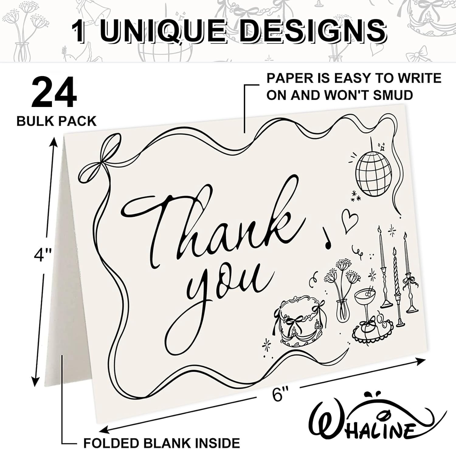 Whaline 24 Pack Wedding Thank You Cards Boxed Black Bow Cake Disco Ball Flower Thank You Greeting Note Cards Boxed with Envelope Sticker for Bridal Shower - Image 2