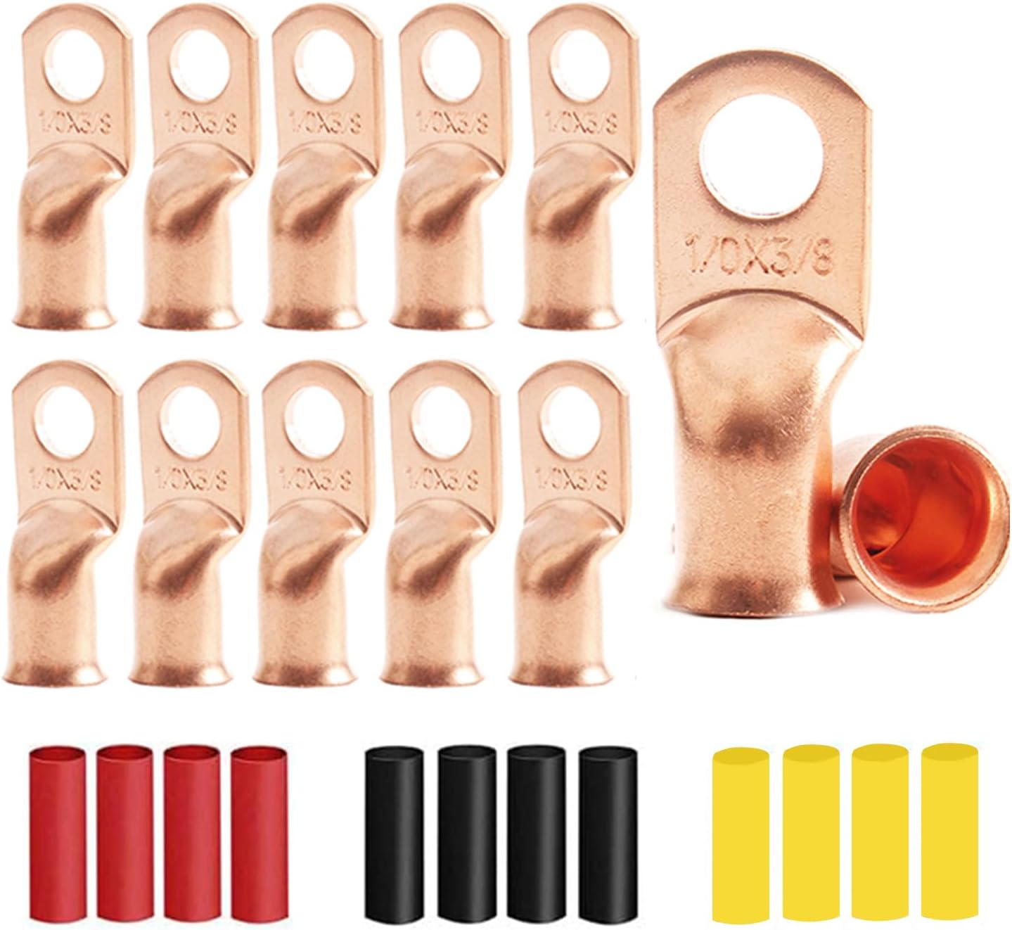 12Pcs 1/0 AWG 3/8"(M10) Stud Heavy Duty Copper Wire Lugs with 12Pcs Heat Shrink Tubing 1/0 Gauge Battery Cable Ends Ring Terminals Bare Copper Eyelets Tubular Ring Terminal for Car Boat Marine