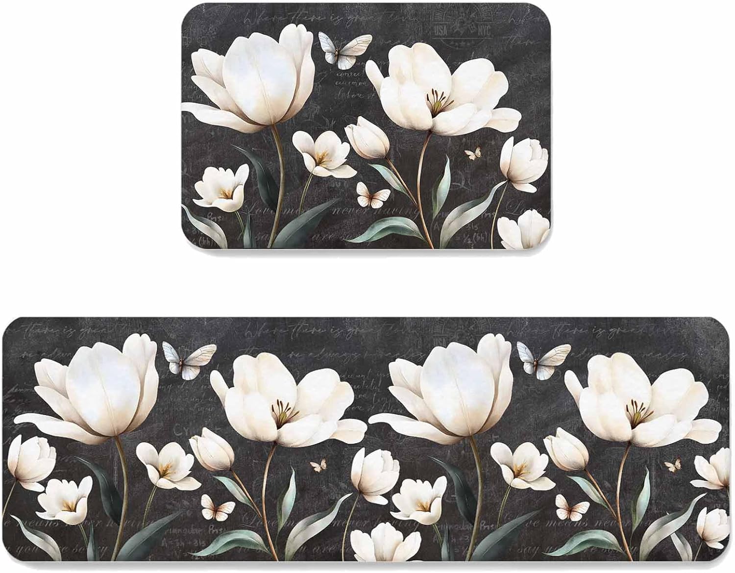 Prime Leader Vintage Kitchen Mat Set 2 Pieces White Magnolia Flower Farmhouse Non Slip Kitchen Rugs Washable Runner Rug Mats for Sink Laundry (23.6" x 35.4"+23.6" x 70.9")