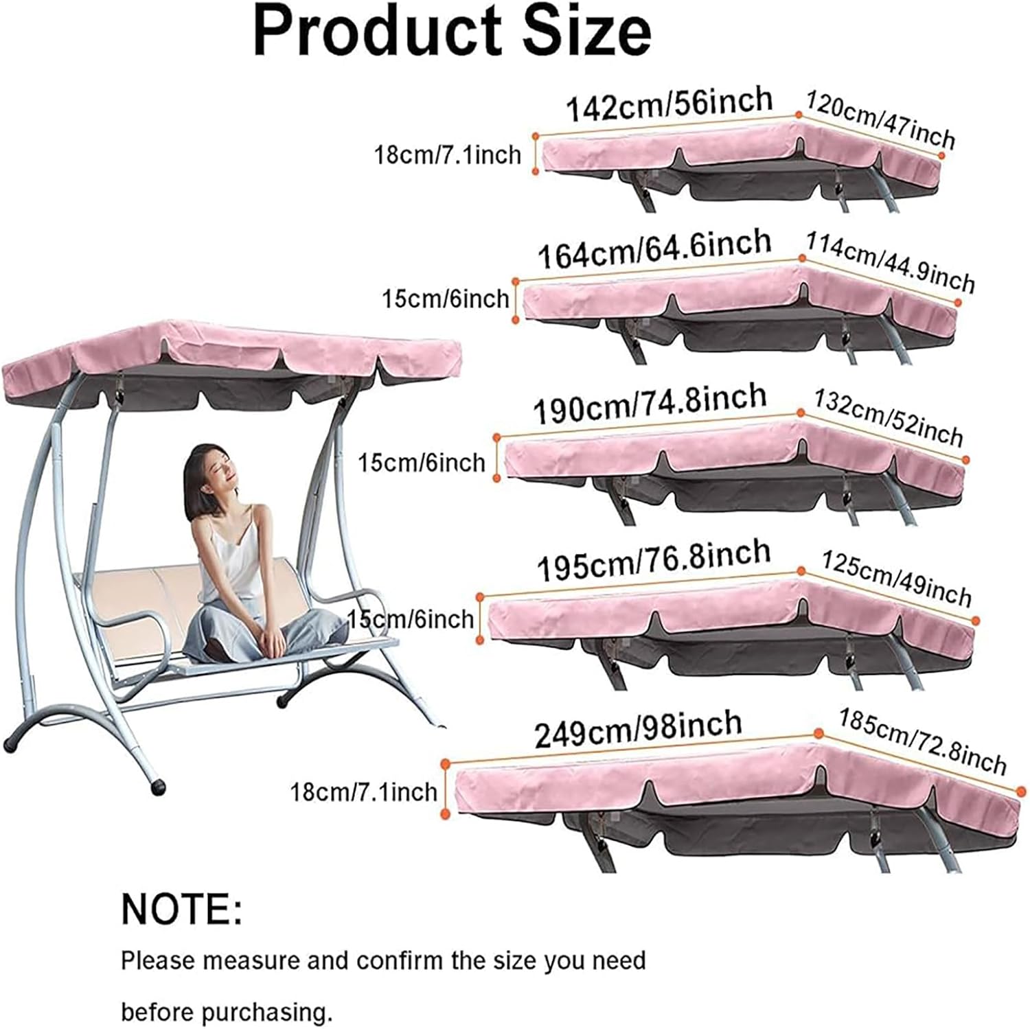 Patio Swing Canopy Replacement Cover, 2 3 Seater Swing Canopy Cover, Waterproof Swing Replacement Top Cover Outdoor Garden Hammock Awning, 210D Oxford(Size:77x49x6inch/195x125x15cm,Color:Coffee)