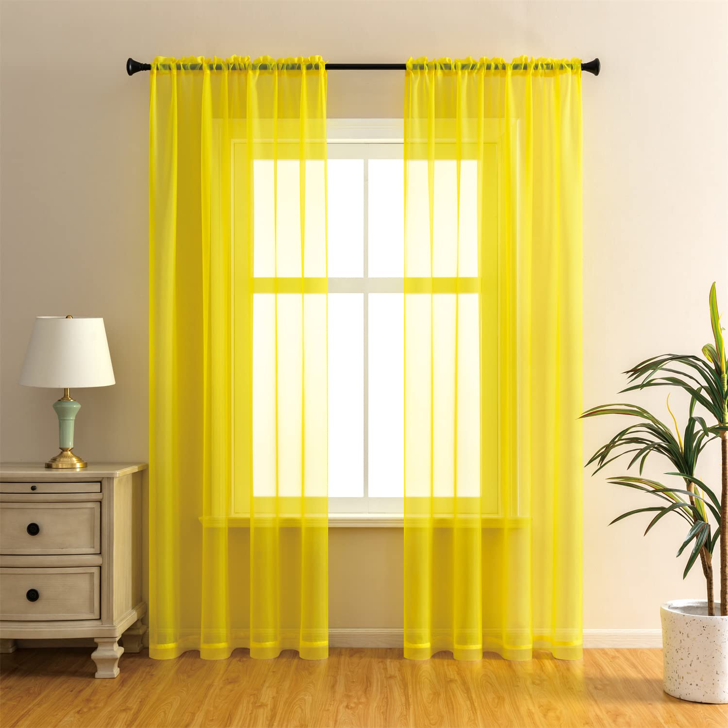 GYROHOME Basic Rod Pocket Sheer Voile Curtain, Sunlight Filtering Protect Privacy Polyester Sheer for Bedroom Patio Door Set of 2Panels, Yellow, 100x200cm โ image 1