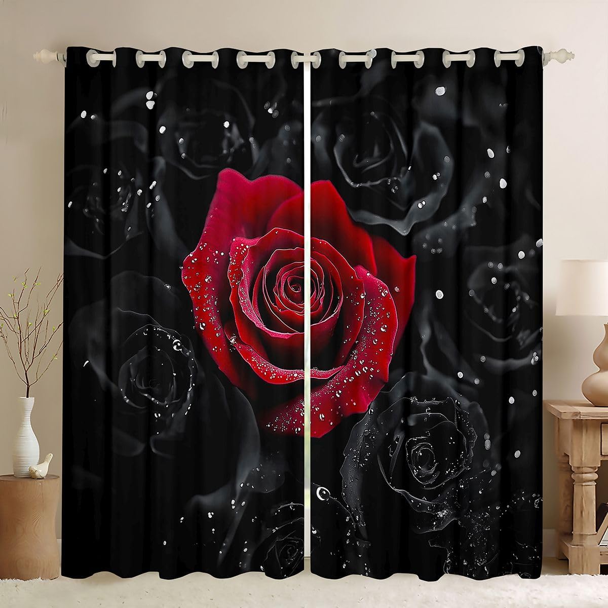 Feelyou Rose Blackout Curtains() Rose Floral Print Curtain Romantic Flowers Pattern Darkening Window Dreapes Children Decor 3D Black Red Rose Window Treatments (2 Panels 52 x 84 Inch)