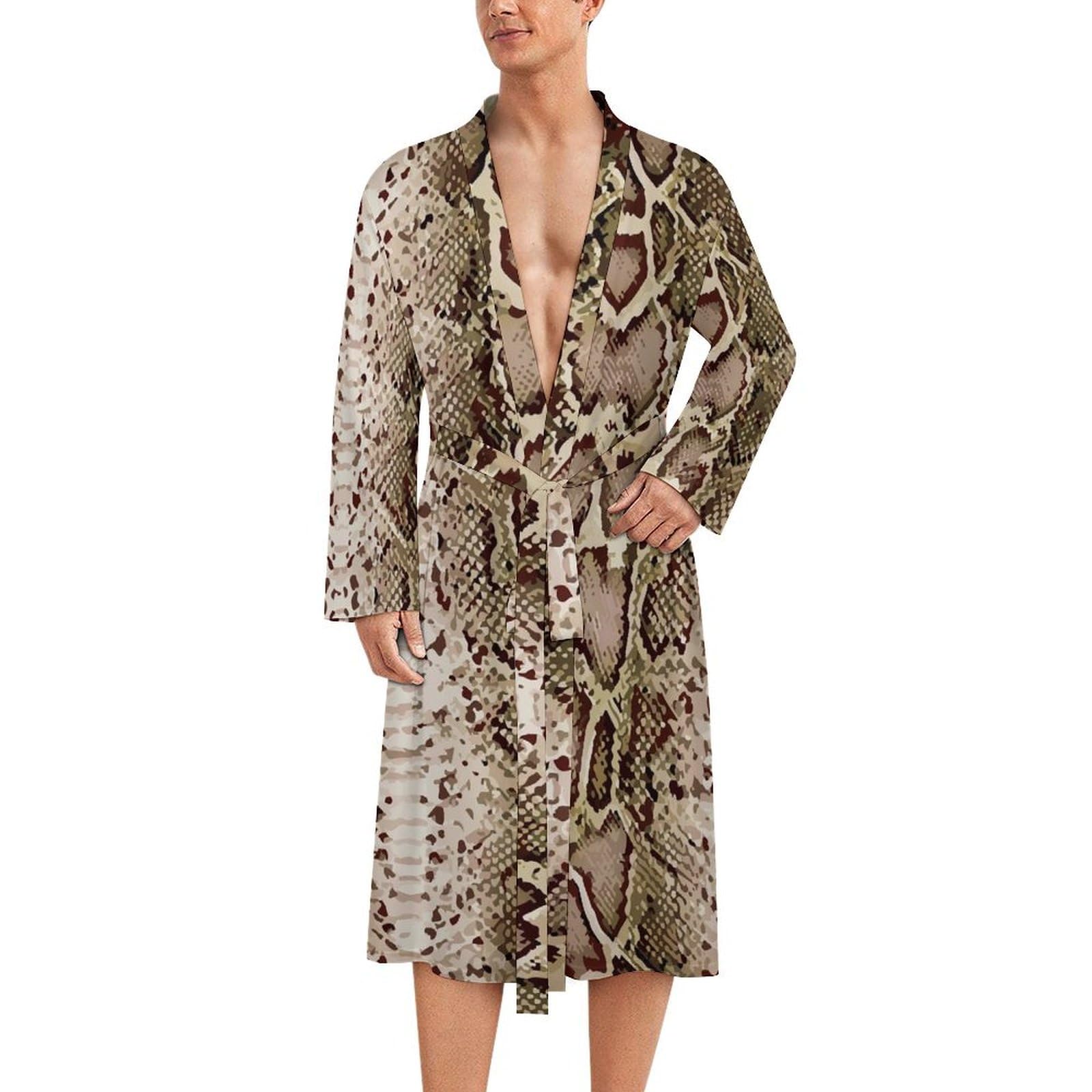 Snake Skin Python Pattern Mens Summer Robes Lightweight Bathrobe Bath Robe Knee Length Shawl Collar Loungewear