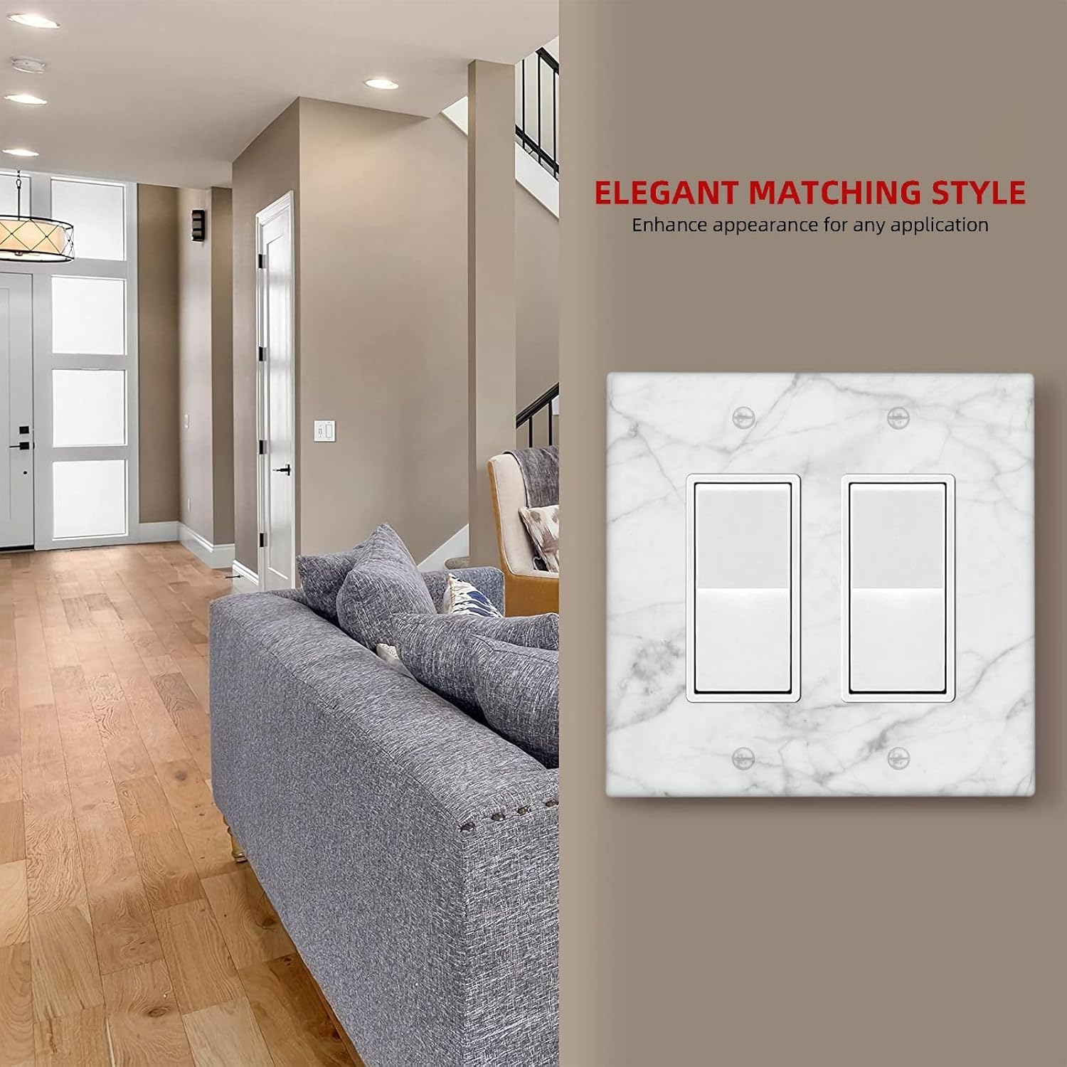 White Grey Marble Print 2 Gang Light Switch Plates Outlet Covers Gray Decorative Double Rocker Wall Plate Electrical Switchplate Decor Accessories 4.6" x 4.5"