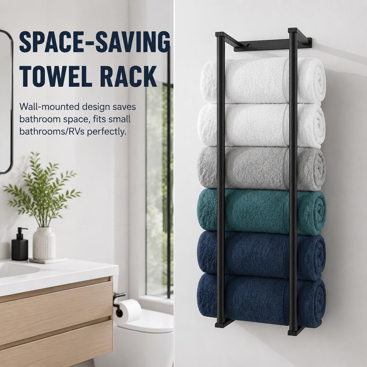 Toallero de baño de acero inoxidable de 28 pulgadas para baño, organizadores montados en la pared y estantes de almacenamiento para baño, color negro