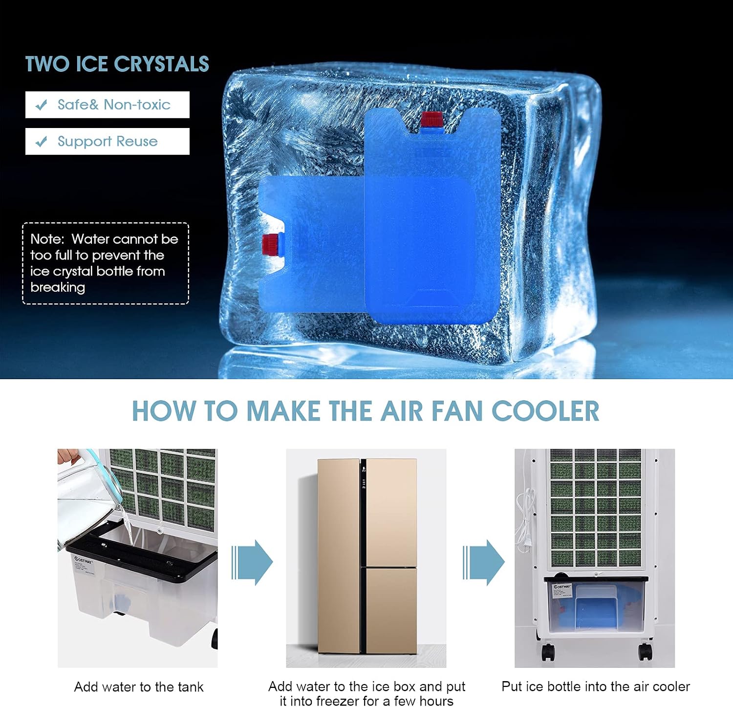 COSTWAY Evaporative Cooler, Portable Cooling Fan with Remote Control, 3-Mode, 3-Speed and 7.5H Timer Function, Water Tank and Casters, Bladeless Air Cooler for Home Office (White)