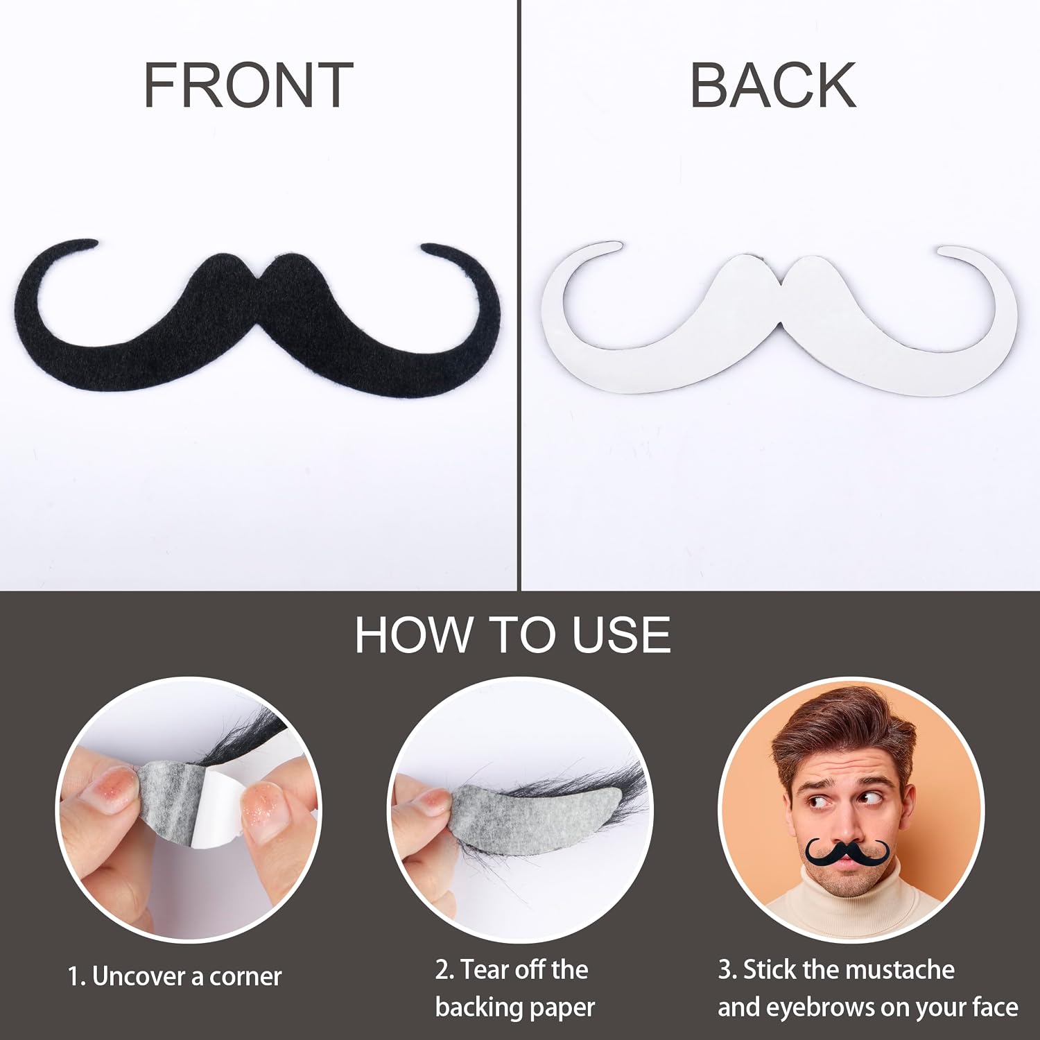 Yan Dream Black Stick On Mustache for Men Self Adhesive Classic Halloween Fake Mustaches