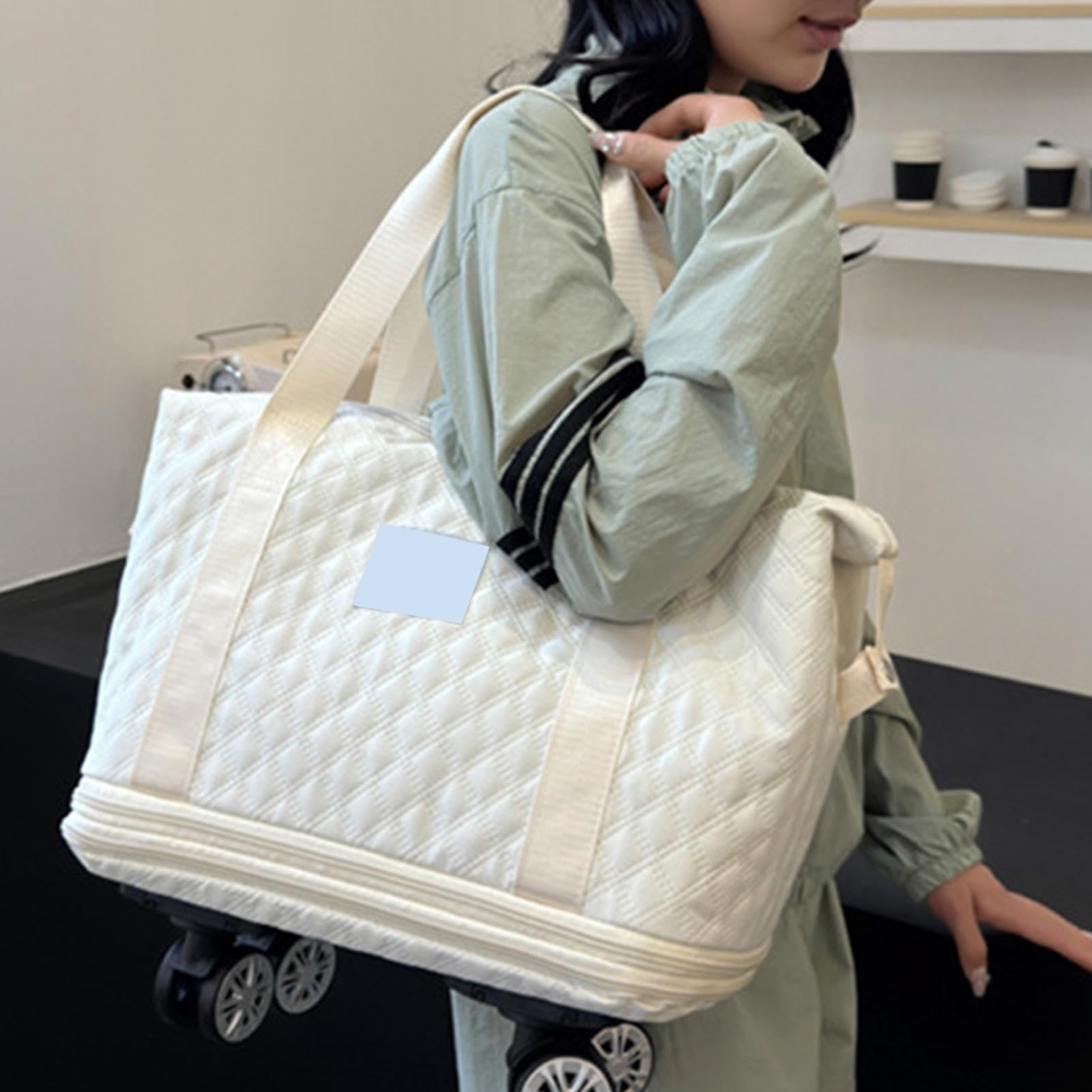 Bolsa de Viaje de Mano con Ruedas, Bolsa de Viaje Plegable con | Ruedas | Bolsa de Viaje con Ruedas, Bolsa de Equipaje de Mano, Maleta Extensible para el Viaje de los Padres, Beige, Ver