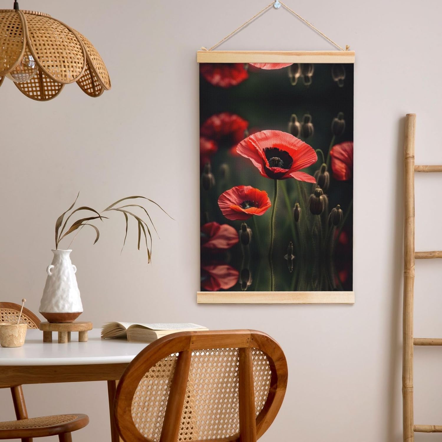 Red Poppy Flower Print Poster Hanger,Hanging Poster, Poster Frame,Wood Poster Hanger, For Wall Hanging