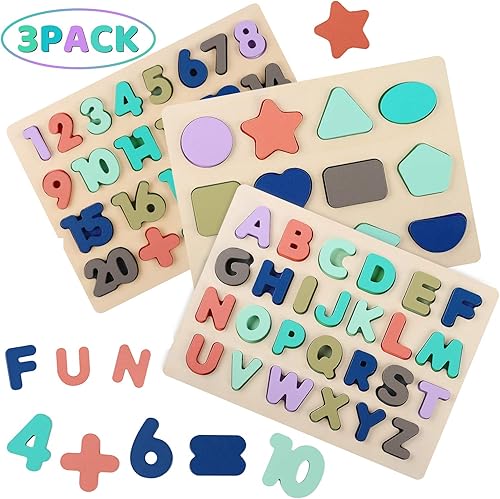 Wooden Puzzles for Toddlers, Kesletney Wooden Alphabet Number Shape Learning Puzzles for Kids, Preschool Educational Toys Gift for Boys Girls Ages 3