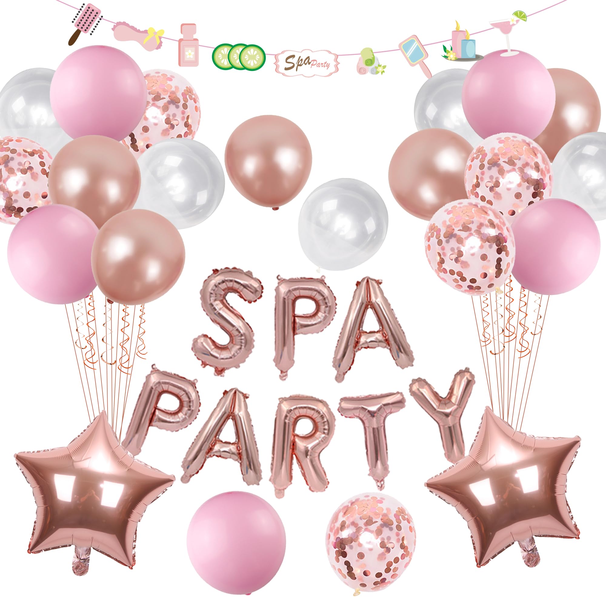 Spa Birthday Party Supplies Girls - Rose Gold Spa Party Balloon Banner Garland, Star Foil Balloons Confetti Balloons, Girls Night Sleepover Party