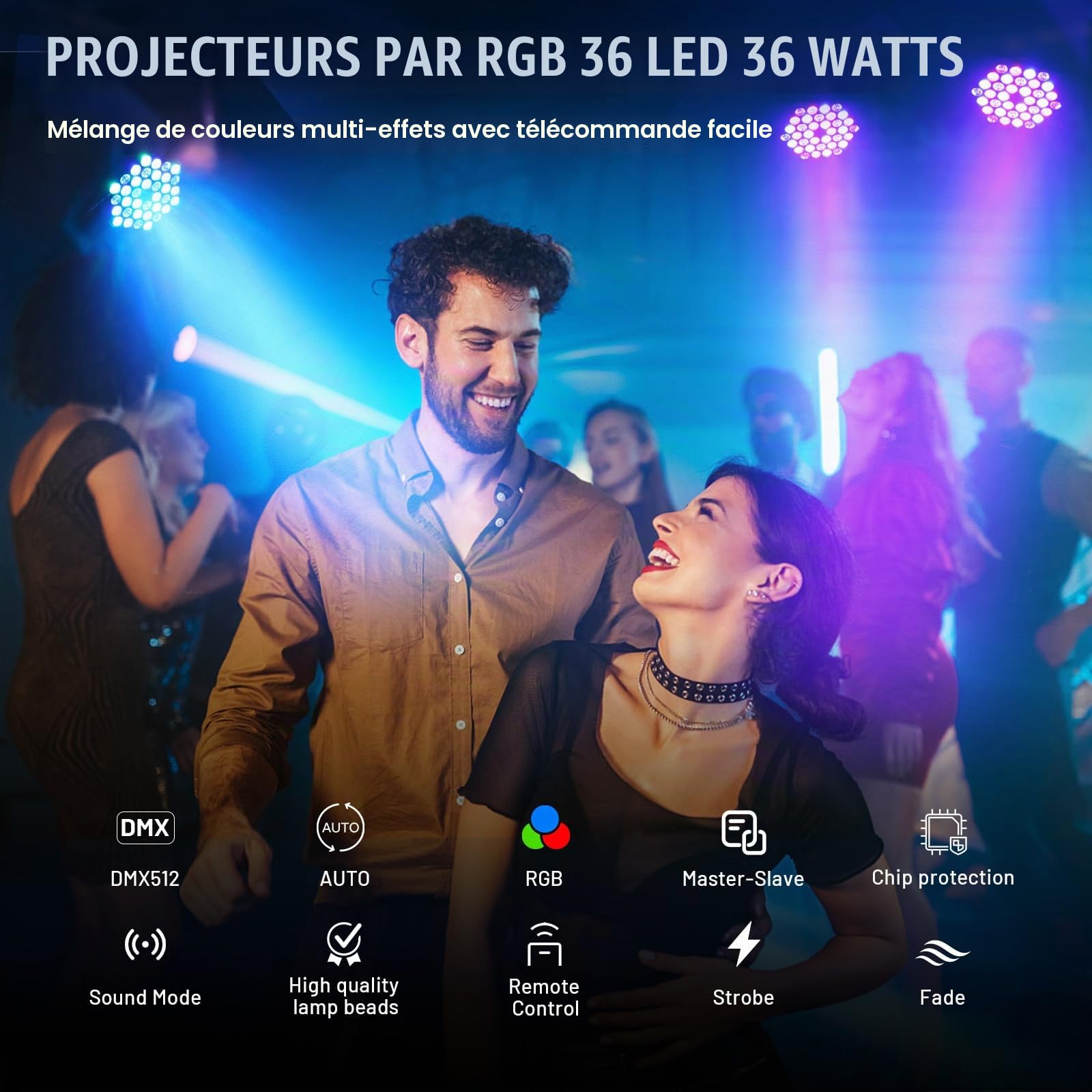 Lumières de scène LED - Czgor Projecteurs Par DJ RVB 36W avec lecture automatique activée par le son, télécommande et contrôle DMX, éclairages d'ambiance pour événements, fêtes de Noël, 2Pack