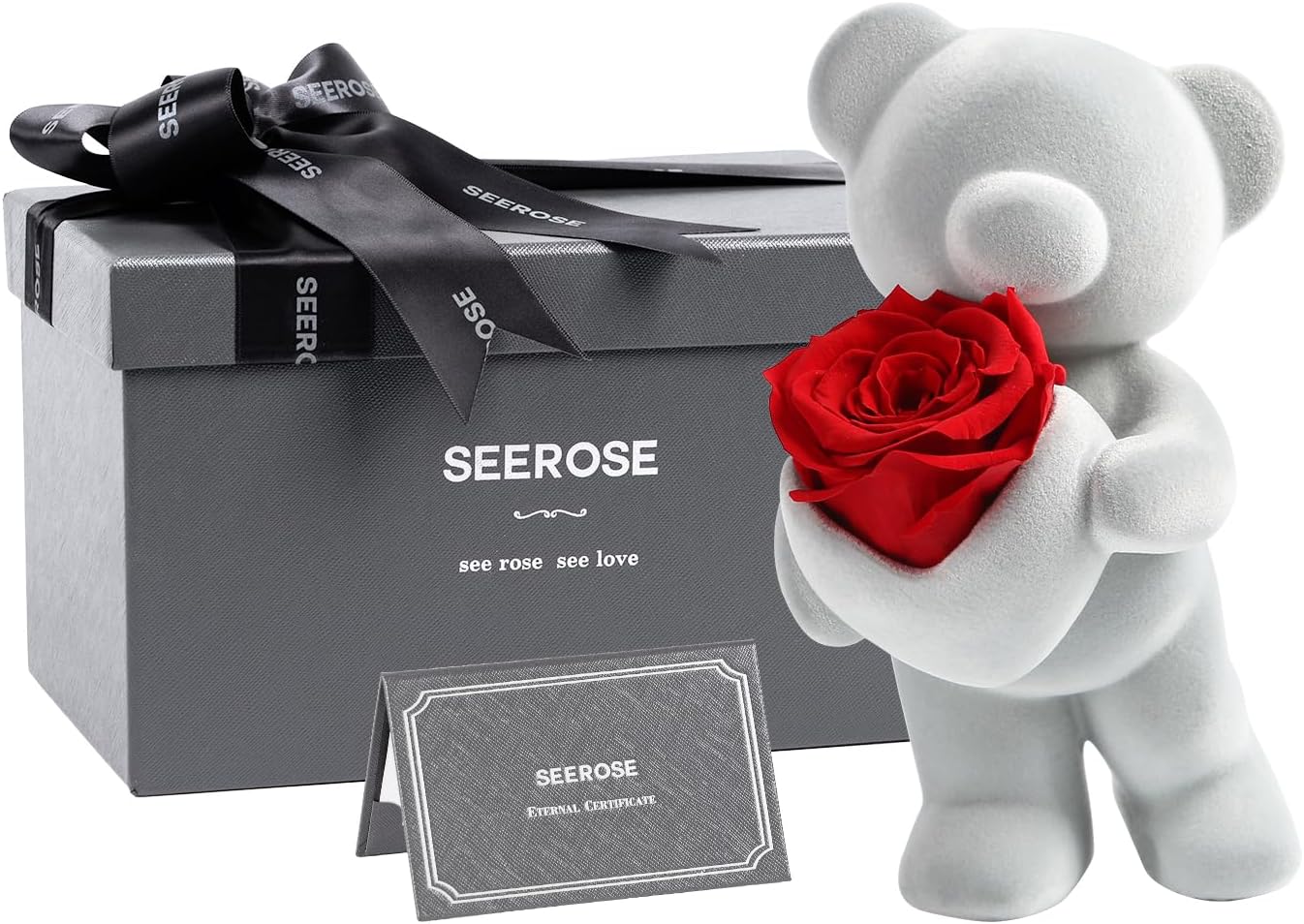 SEEROSE Preserved Roses with Cute Bear, Eternal Real Roses Last for Years, Romantic Flower Gift for Her, Wife, Girlfriend, Valentine's Day, Mother's Day, Anniversary, Birthday (Standing Bear, Red)