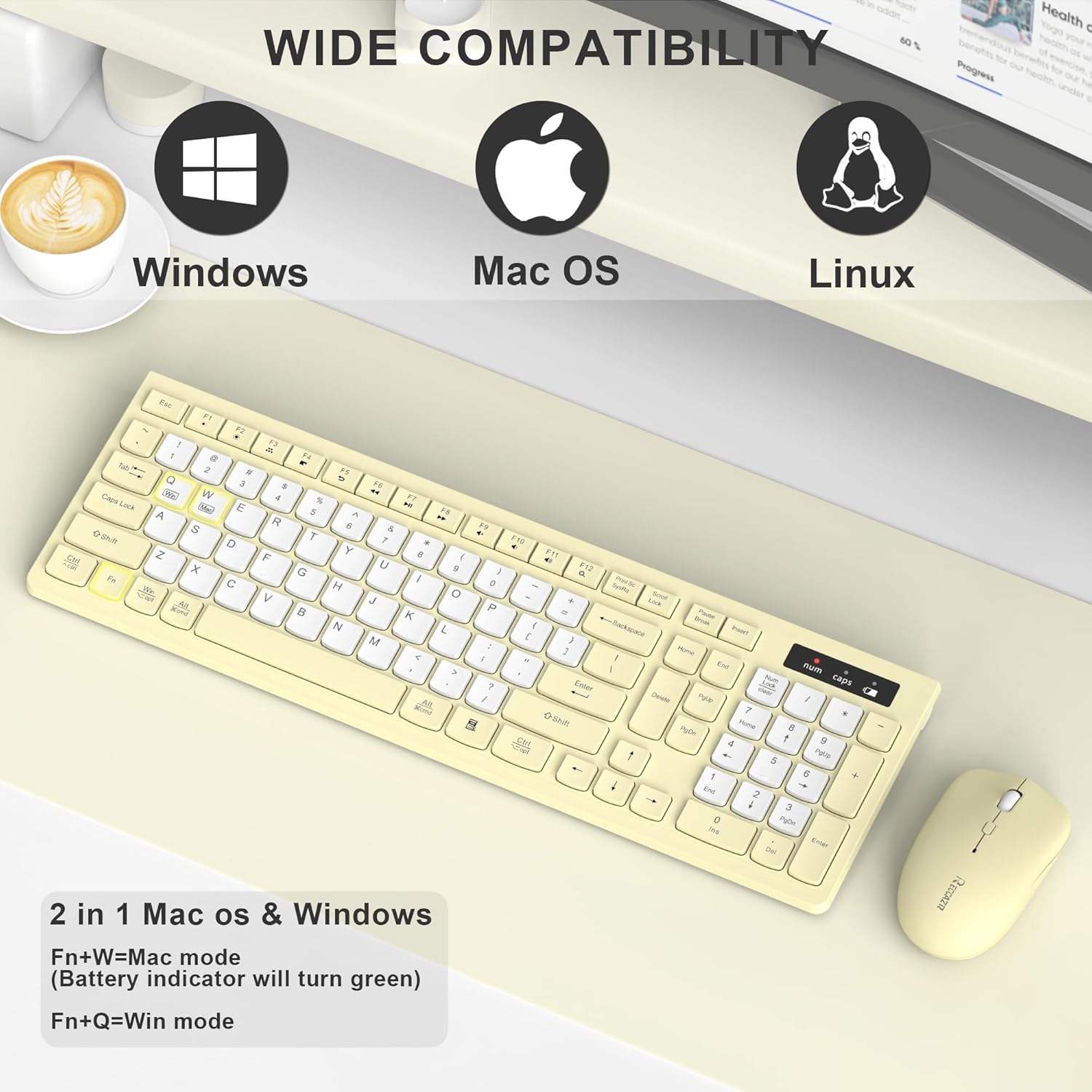 Wireless Keyboard and Mouse Combo, Full-Sized Wireless Keyboard and Adjustable DPI Mouse, 2.4GHz USB Receiver, Silent Keyboard and Mouse for PC, Windows, MAC, Desktop, Laptop (Canary Yellow-B)