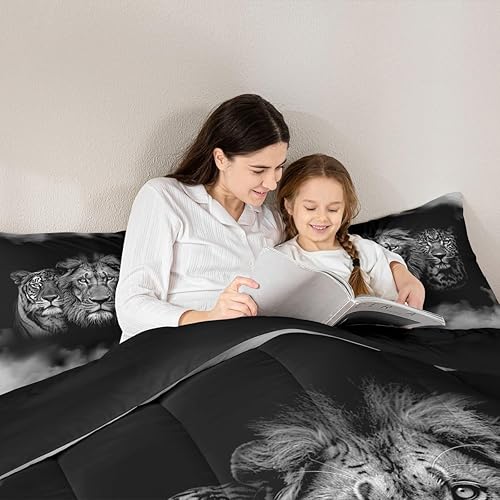 Miniatura 5 de Juego de edredón de animales salvajes, tamaño Queen, juego de ropa de cama 3D de tigre, león, leopardo, 3 piezas para niños y hombres, decoración