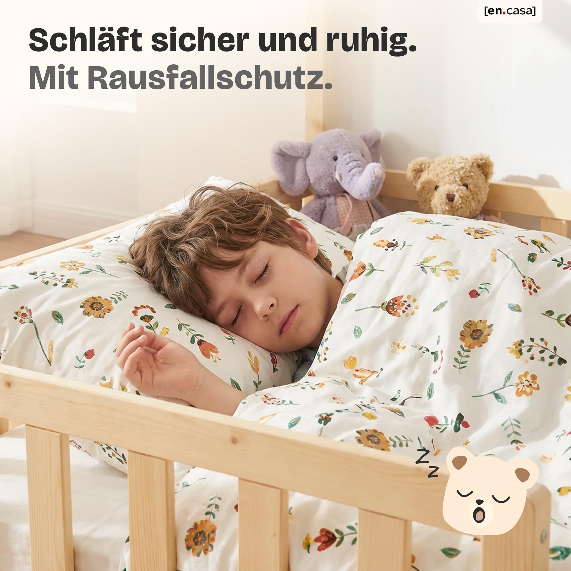 [en.casa] Kinderbett Hesel Hausbett Holzoptik 140 x 200 cm mit Rausfallschutz und Lattenrost Montessori Bodenbett Jugendbett Holzbett