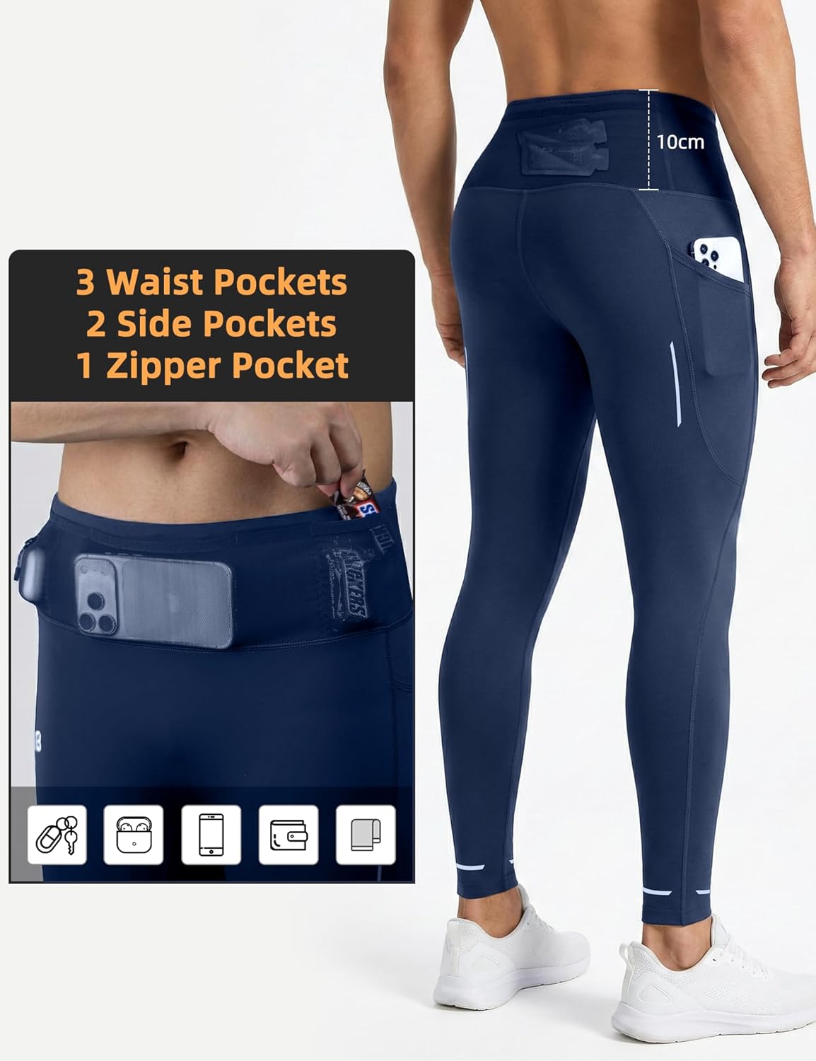 Men's Running Tights with 6 Pockets Compression Winter Running Pants for Men Reflective Thermal Leggings for Jogging - Image 3