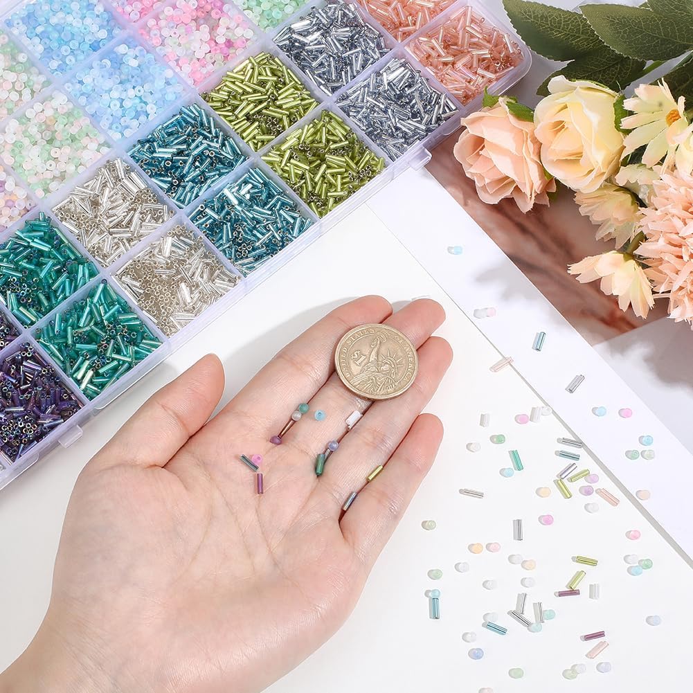 1 Box 16 Colors 2400PCS Glass Seed Beads Kit Transparent Coloful Frosted Round Bugle Tube Small Rainbow Clear Loose Spacer Bead Bulk for Jewelry Making Bracelets Necklace DIY Crafts Supply