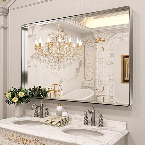 Miniatura 233 de LOAAO - Espejo de tocador para baño con marco de metal negro mate de 24 x 32 pulgadas para pared, rústico, rectangular, grande, redondeado