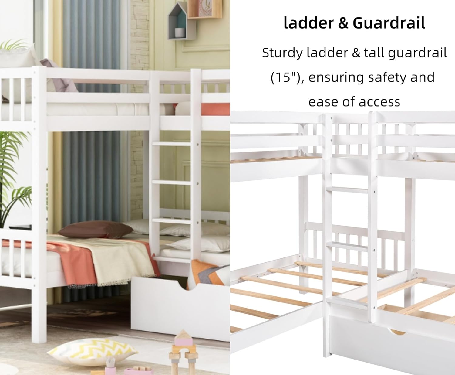Merax Kids L-Shaped Bunk Bed Twin Over Twin with Drawers, Wood Low Floor Bunkbed Featuring Stairs Guardrail for Boys, Girls, Toddlers, No Box Spring Required, White