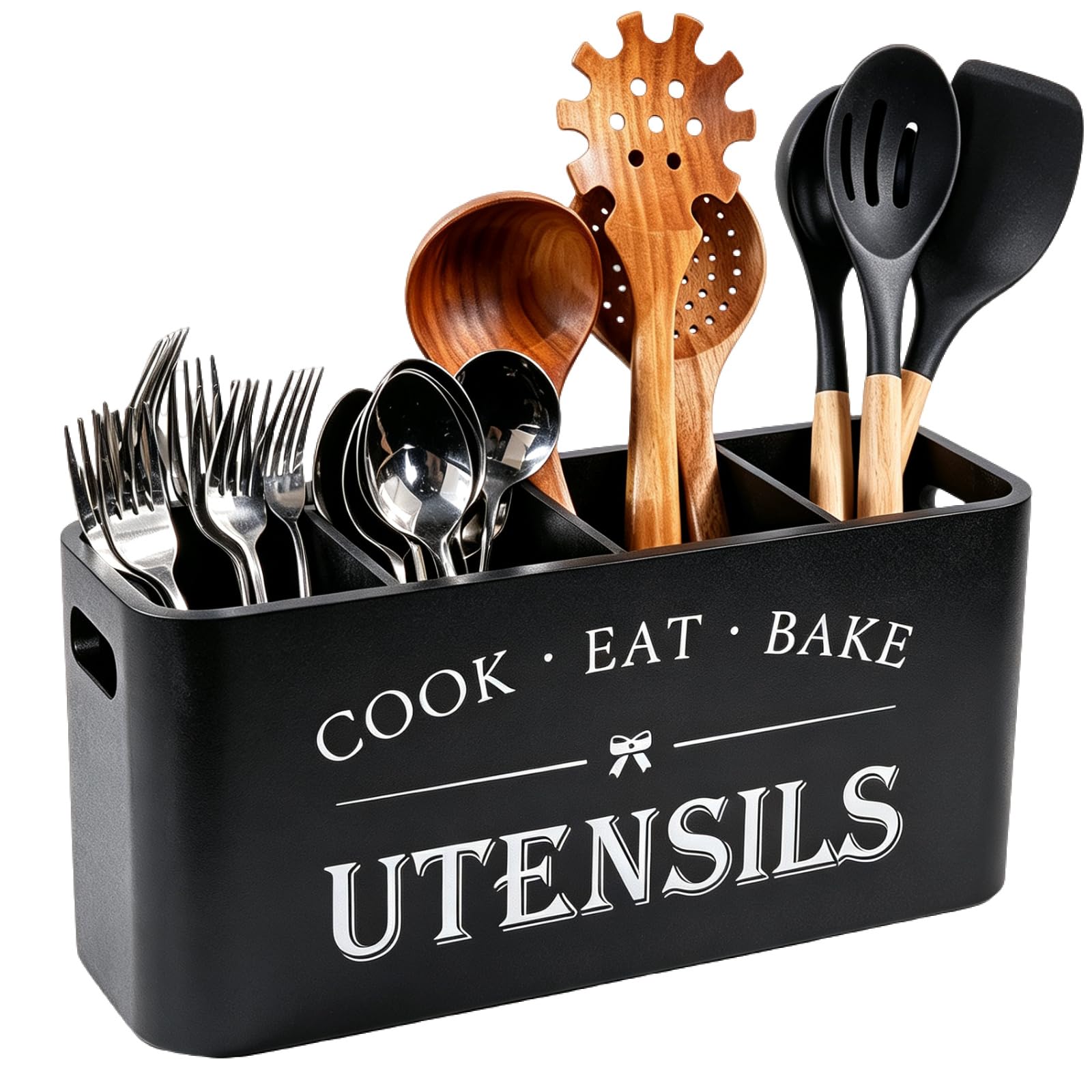 Wooden Kitchen Utensil Holder Organizer for Counter or Countertop, Large Wooden Utensil Holder for Storage Cooking and Silverware with 4 Compartment,Rustic Wood Container Extra Large