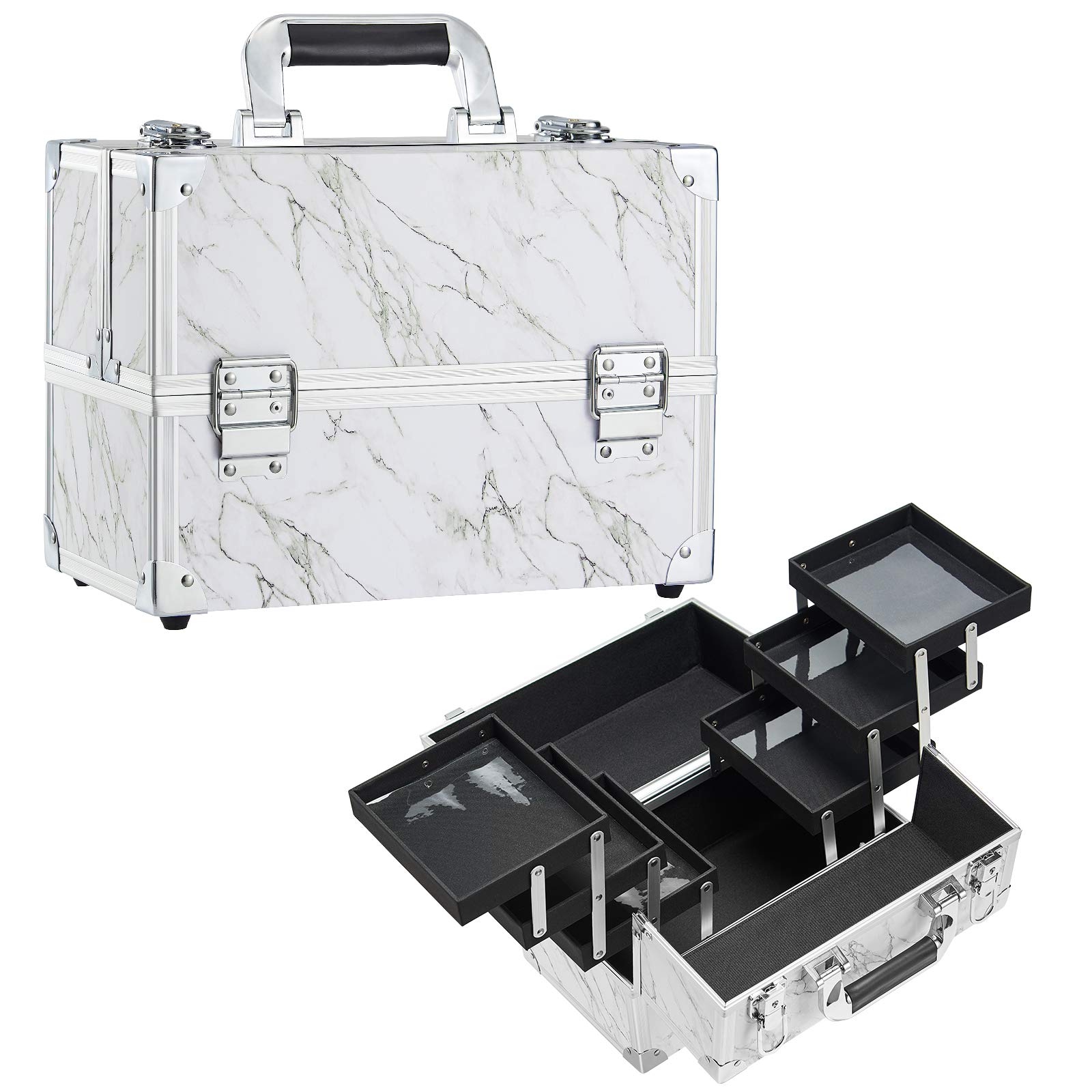 Joligrace Mallette Maquillage Onglerie Grande Valise Vanity Maquillage Coffres de Rangement Bijoux Boîte de Cosmétiques Coiffure 6 Plateaux Beauty Case Femme avec Bandoulière Professionnelle, Blanc