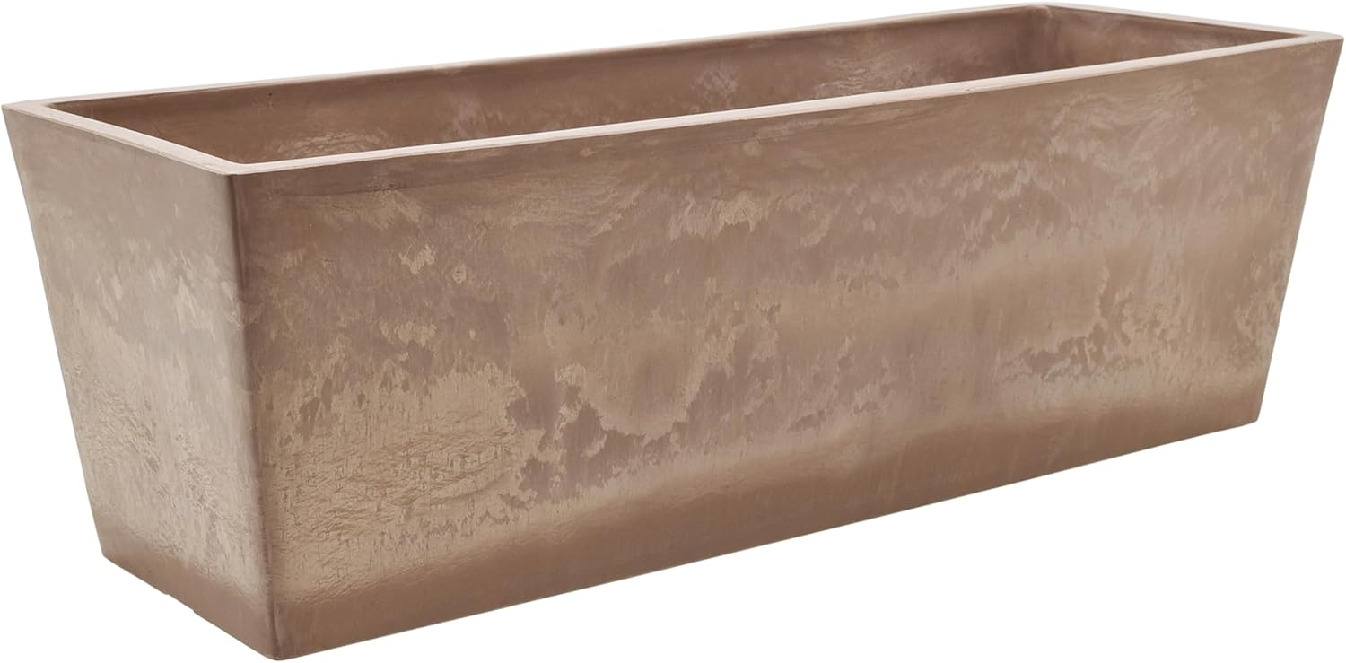 Arcadia Garden Products U65TP Plastic/Stone/Wood Composite Simplicity Window Box, No Drainage Hole (Drillable), Wide Tapered Planter, Patio Plant Container, Indoor Outdoor Planter, 25.5" x 9, Taupe