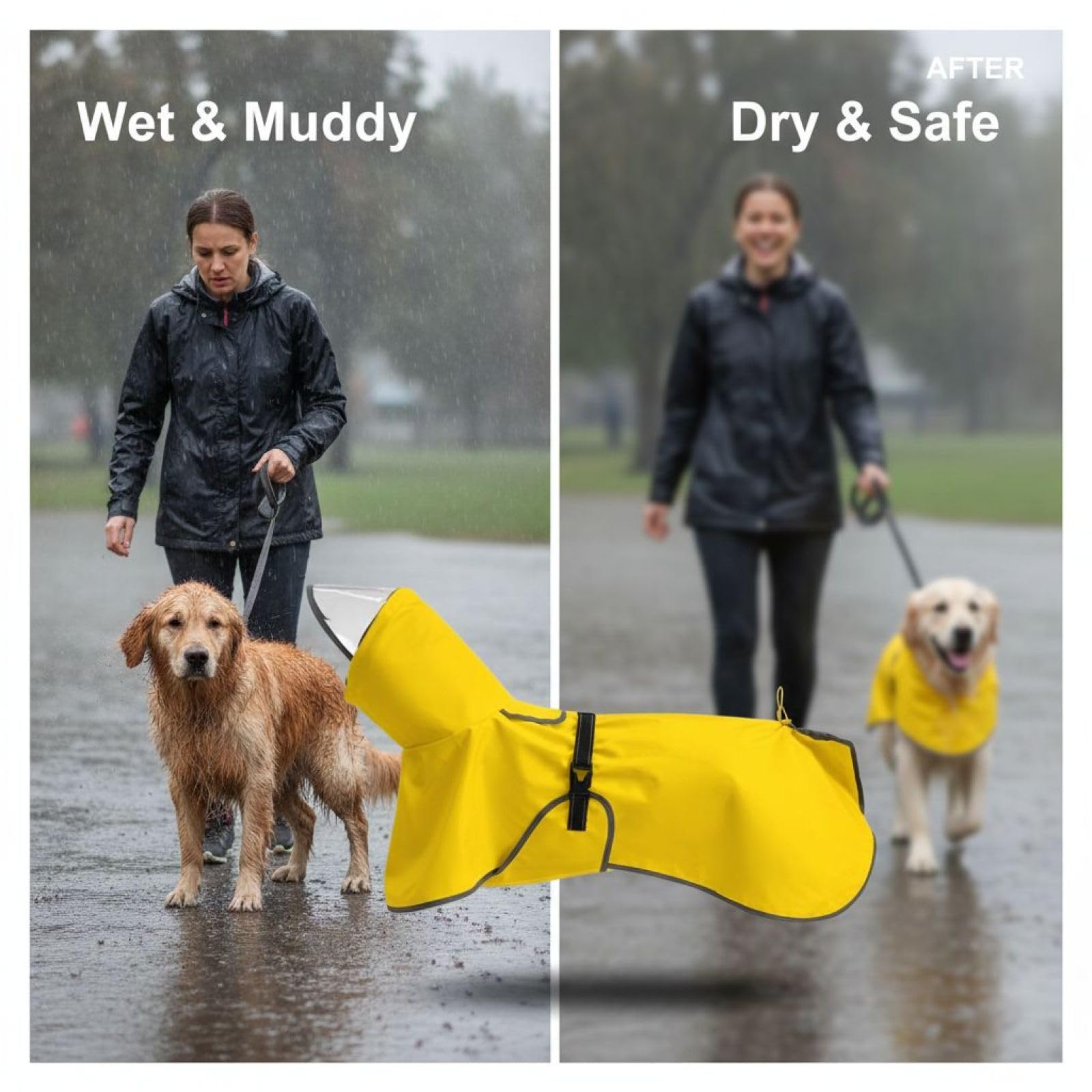 Impermeabile per cani, giallo, 2XL, impermeabile per cani da 6,8 a 11,3 kg, copertura addominale, cappuccio trasparente, riflettente, facile da indossare