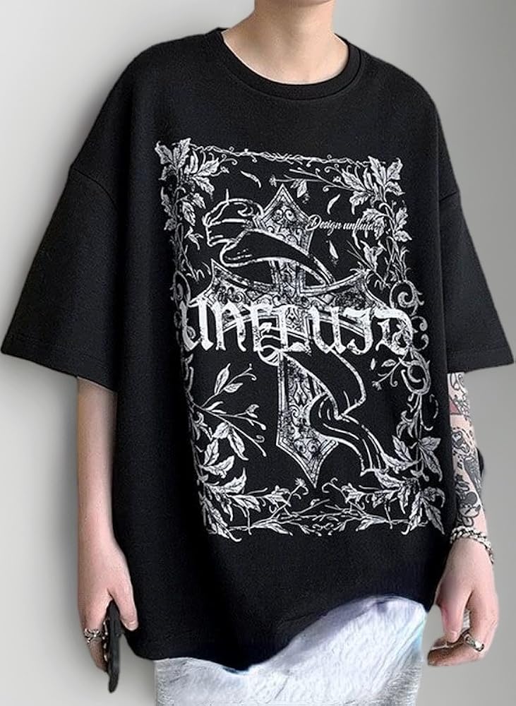 Men's Cross Graphic Print T-Shirt Y2k Gothic Grunge Shirt Oversize