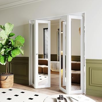 BARNER HOME Mirror Closet Doors, for 72" Double 36" x 80" Opening, Full Lite Glass Panel Folding Door with Hardware Kits, Interior Bi-Fold Doors for Bathroom, MDF, White