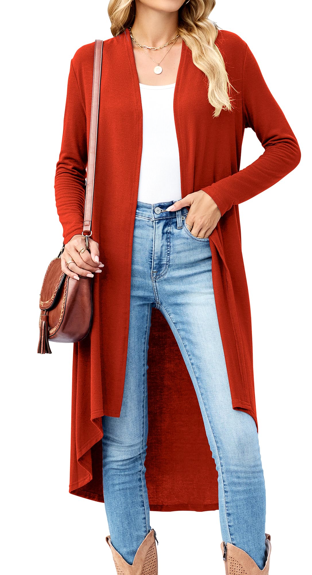 Cardigan Sweaters for Women Long 2025 Fall Long Sleeve Soft Causal Loose Fit Duster Cardigan Jackets Rust Red