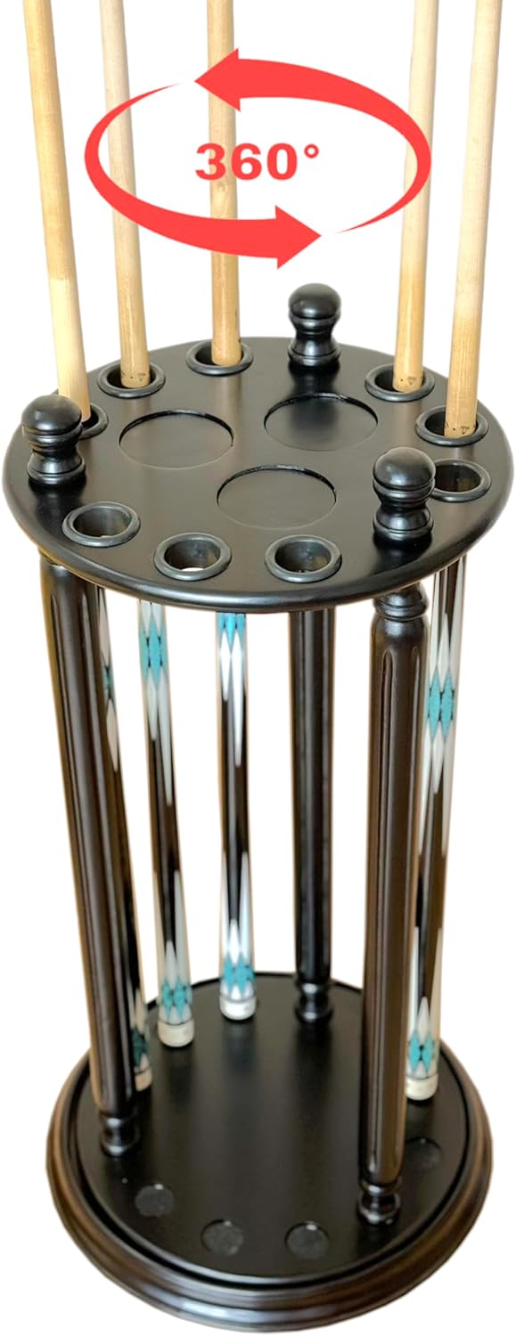 Revolving Billiard Cue Rack, Pool Stick Holder Floor Stand holds 9 Pool Table Sticks, Made of 100% Solid Wood (Black)