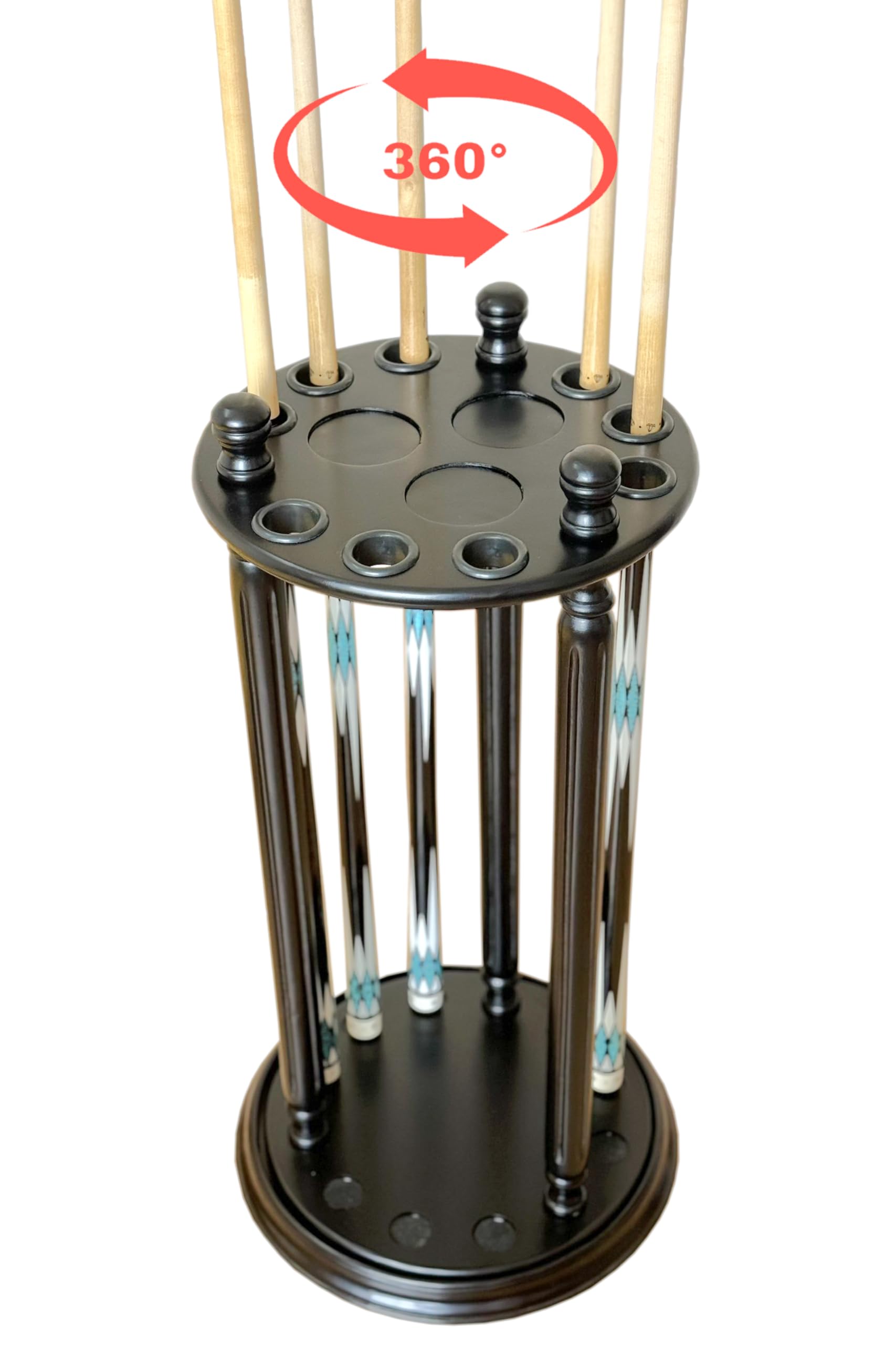 AF28 Revolving Billiard Cue Rack, Pool Stick Holder Floor Stand holds 9 Pool Table Sticks, Made of 100% Solid Wood (Black)