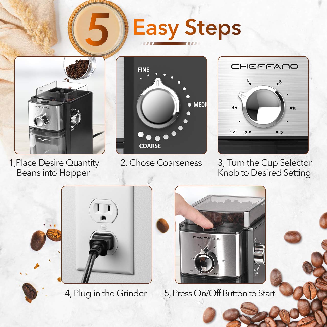 Conical Burr Coffee Grinder, CHEFFANO Electric Coffee Bean Grinder