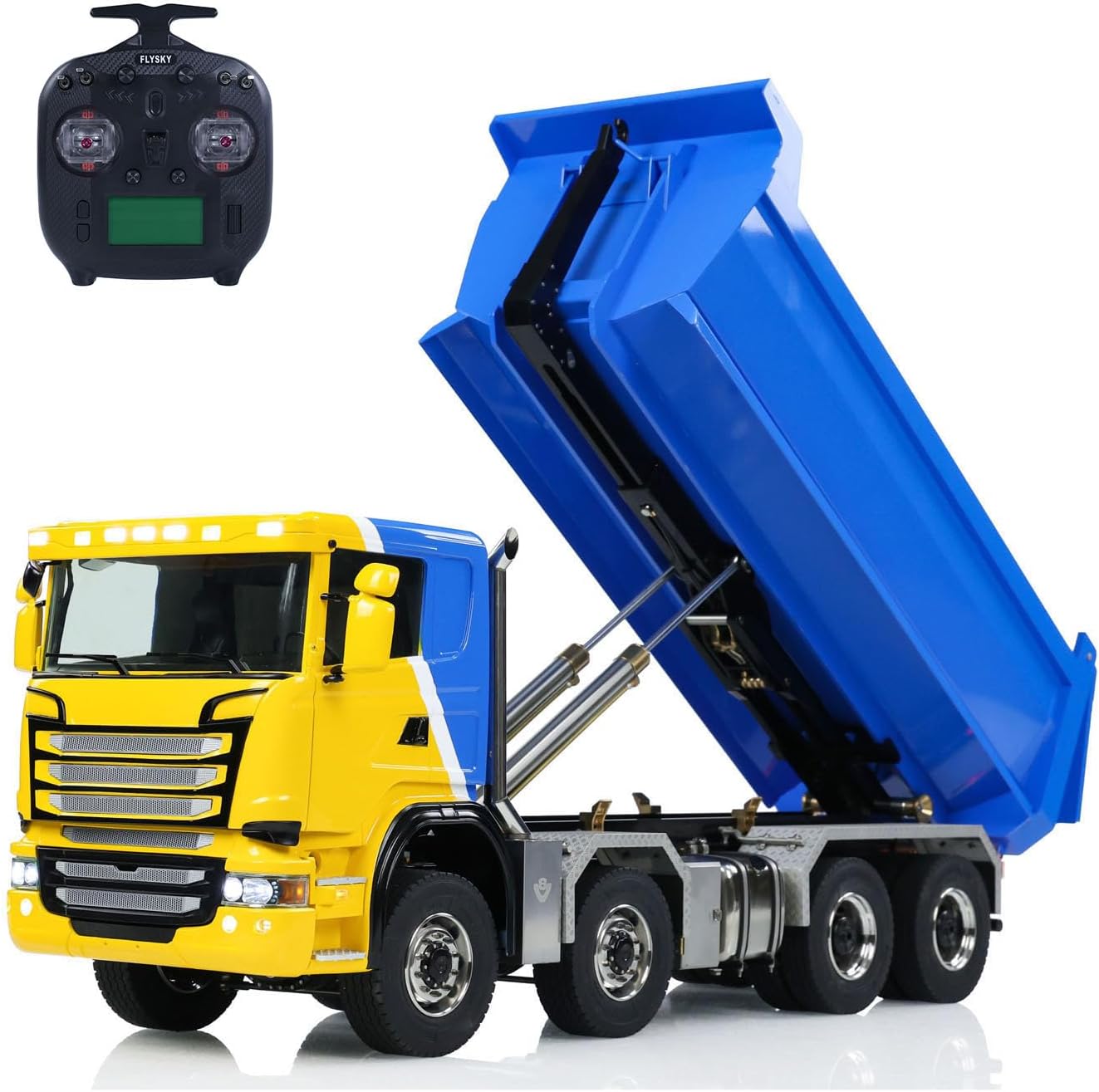Metal 1/14 Hydraulic RC Dump Truck 8X8 Full Tipper Differential Lock Axles 3Speed Gearbox Wheel Hub Reduction Flysky Radio Hobby Grade Model for Ages 14+(Yellow and Blue)