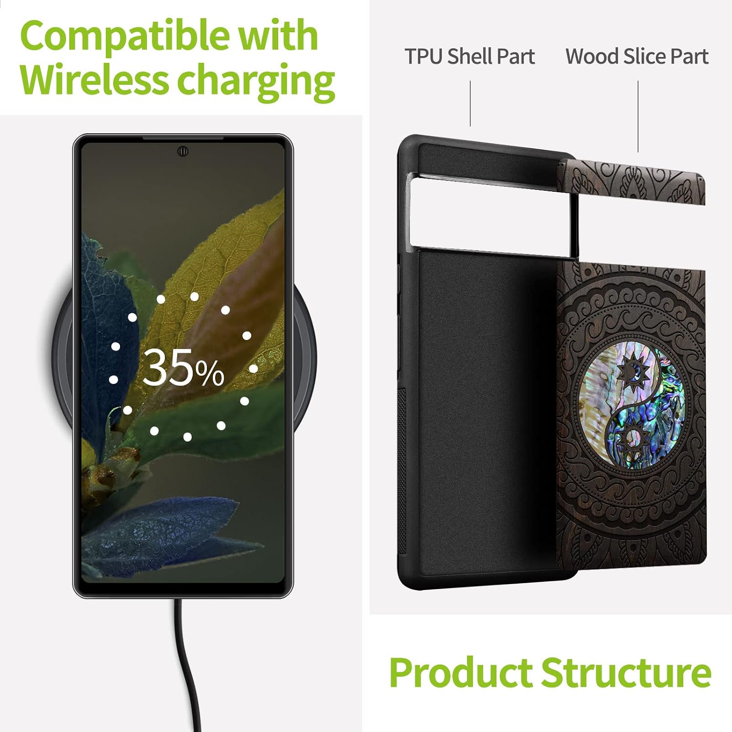 Carveit Designer Wooden Case for Google Pixel 8 Case Protective Cover [Wood Engraving & Shell Inlay] Compatible with Wireless Chargers Pixel 8 (Yin Yang Paisley-Blackwood)
