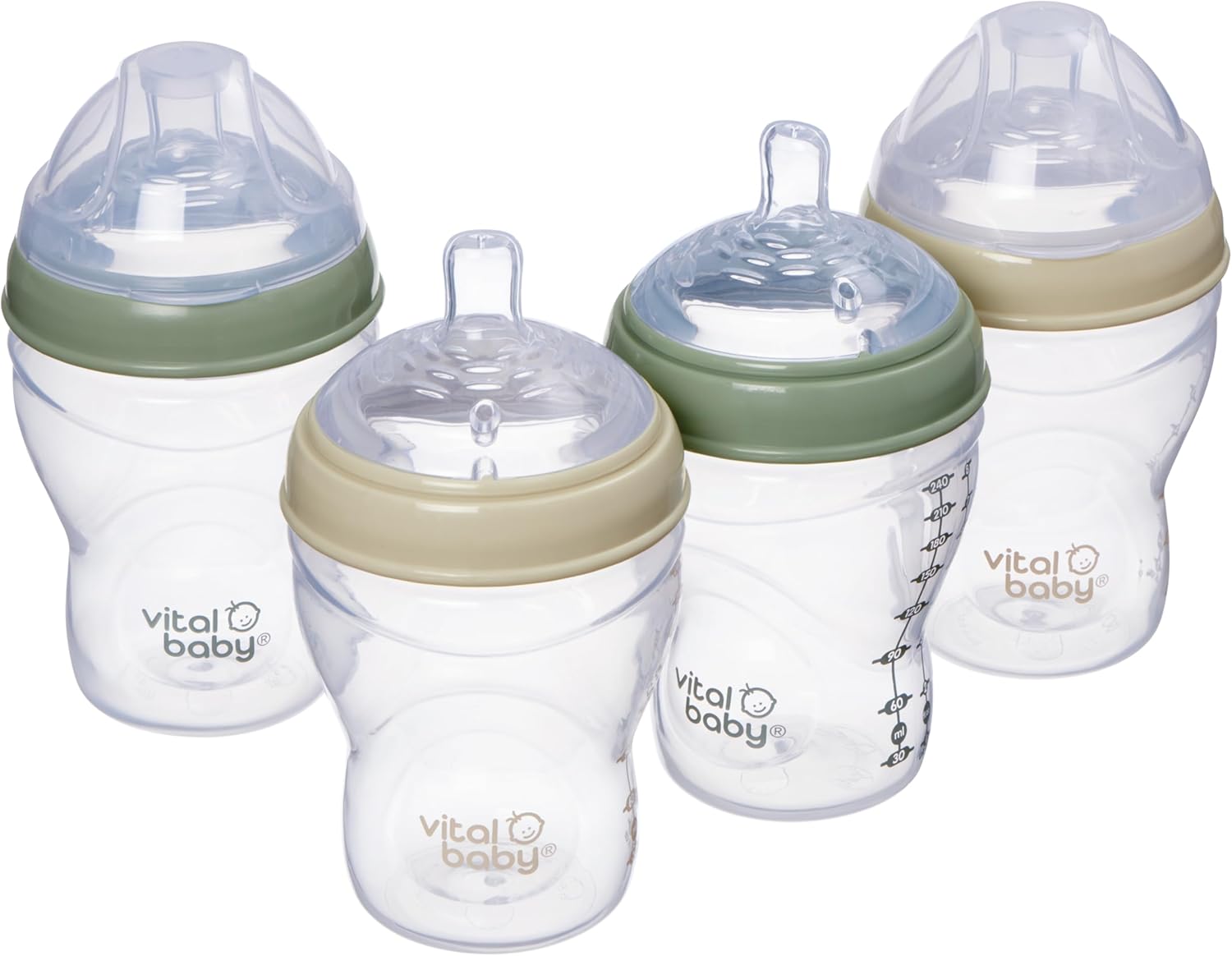 Vital Baby Nurture Breast-Like 0m+ Baby Feeding Bottles, 240ml 4pk, Self-Sterilising in 3 Mins, Triple Anti-Colic Valves, Slow Flow Teats, EarthSmart Biodegradable, BPA-Free