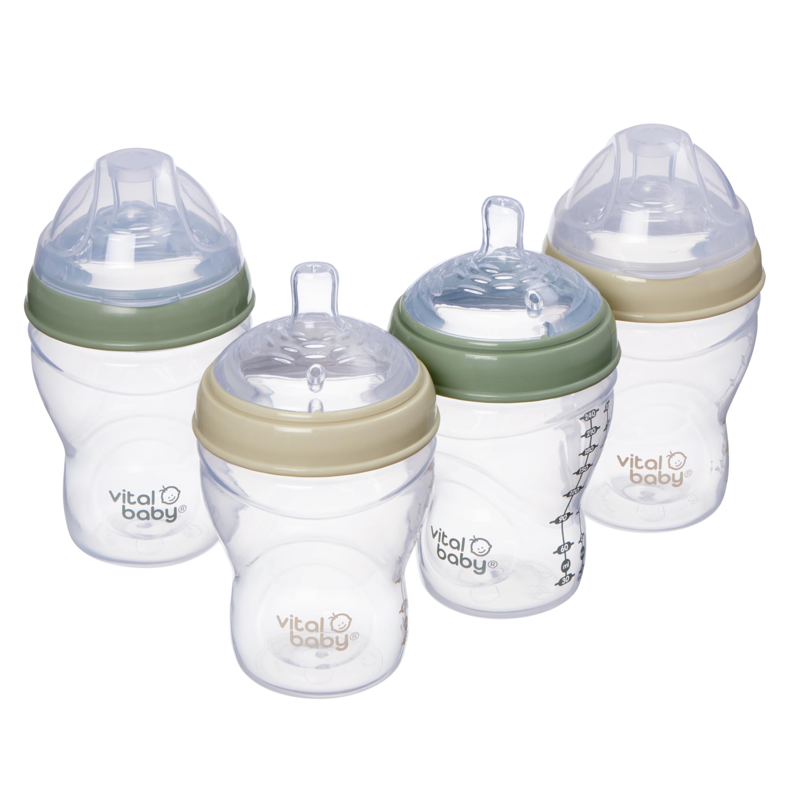Vital Baby 4 Pack Breast-Like Baby Bottles 240ml, 0m+ | Self-Sterilising