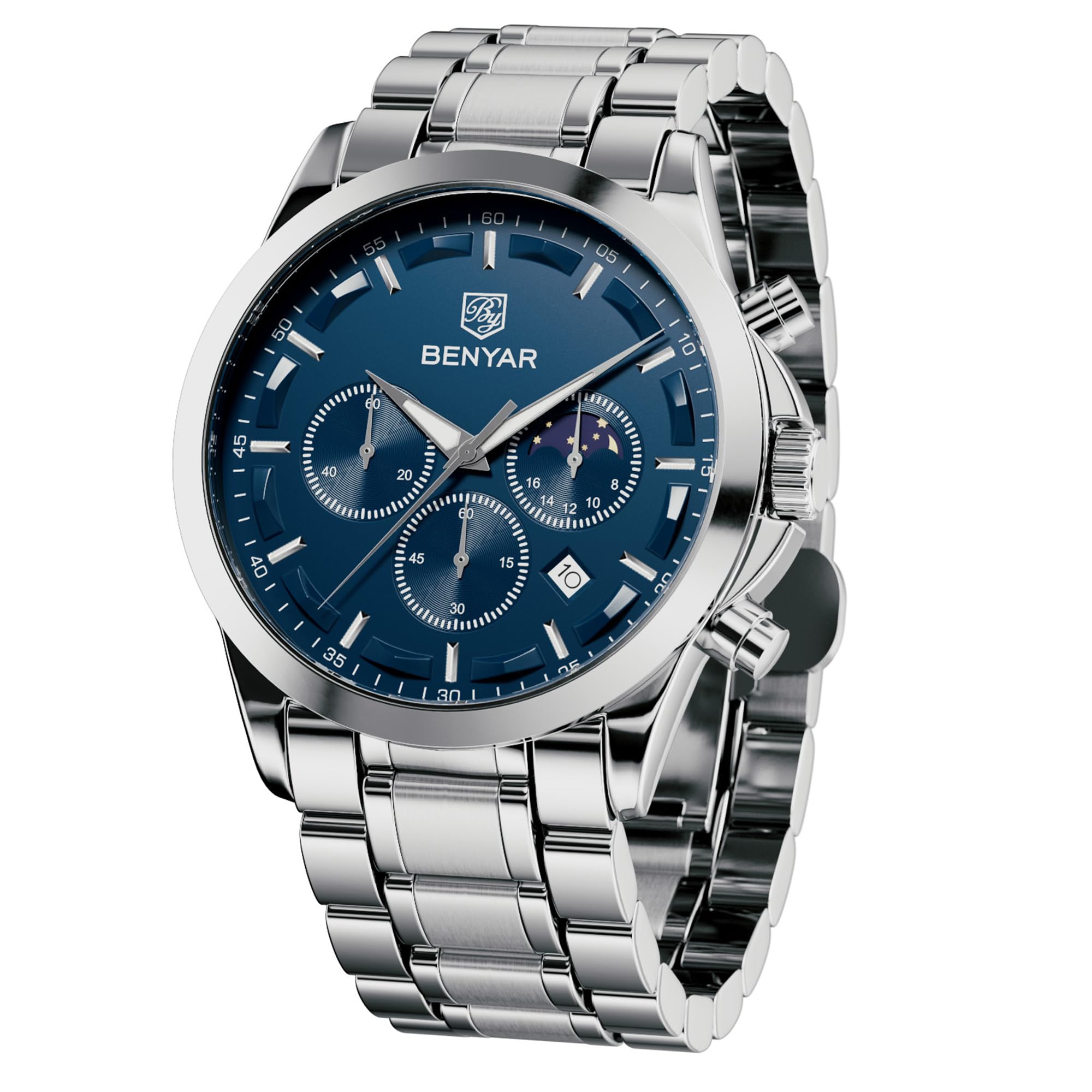 BY BENYARBENYAR Mens Watches Chronograph Analog Quartz Watch Stainless Steel Watch for Men Stylish Business Sports Waterproof Wristwatch Elegant Gift