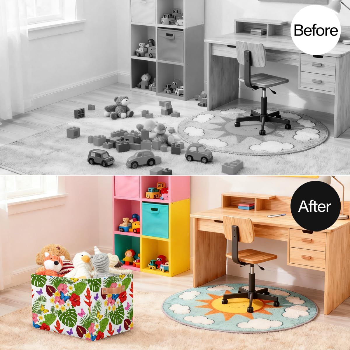 Rechteckiger Aufbewahrungskorb mit tropischen Blumen- und Schmetterlingsmustern, 2 Stück, faltbarer Stoff-Aufbewahrungskorb für Schrank, Badezimmer, Wohnzimmer, Büro, Spielzeug, Organizer