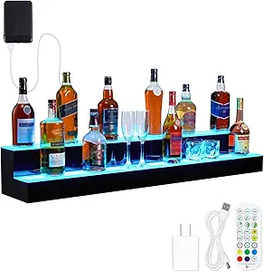 LED Lighted Liquor Bottle Display,2 Tiers 48in LED Liquor Shelf with Remote & App Control,Bottle Shelf with 16 Colors,4 Modes,Multi-Color Lighting Modes for Bars