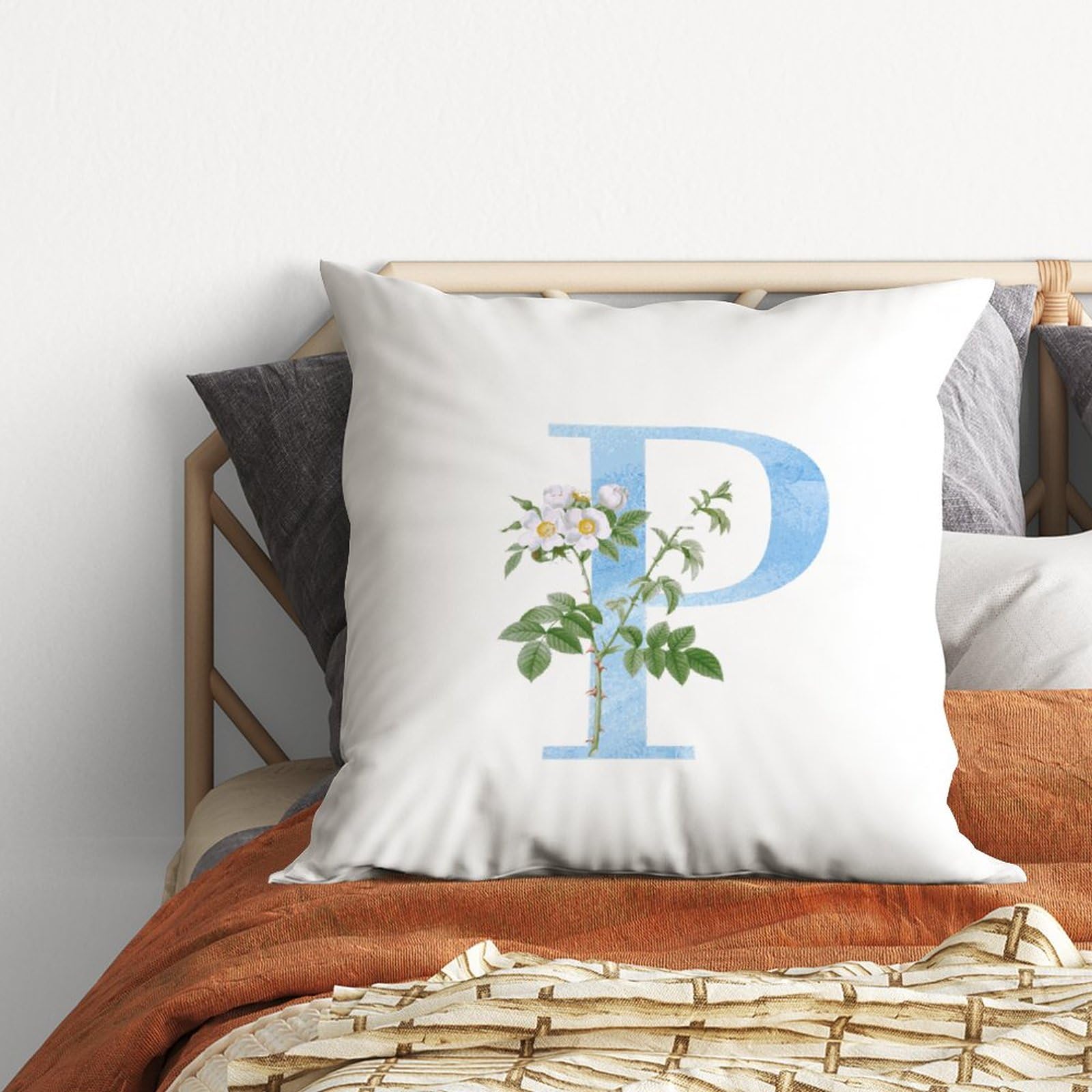 Zyadsinoudor Federa per cuscino con monogramma iniziale P, con lettera dell'alfabeto, bianco, floreale, 45,7 x 45,7 cm, cuscino decorativo per la casa, in cotone e lino, per casa, divano, decorazione
