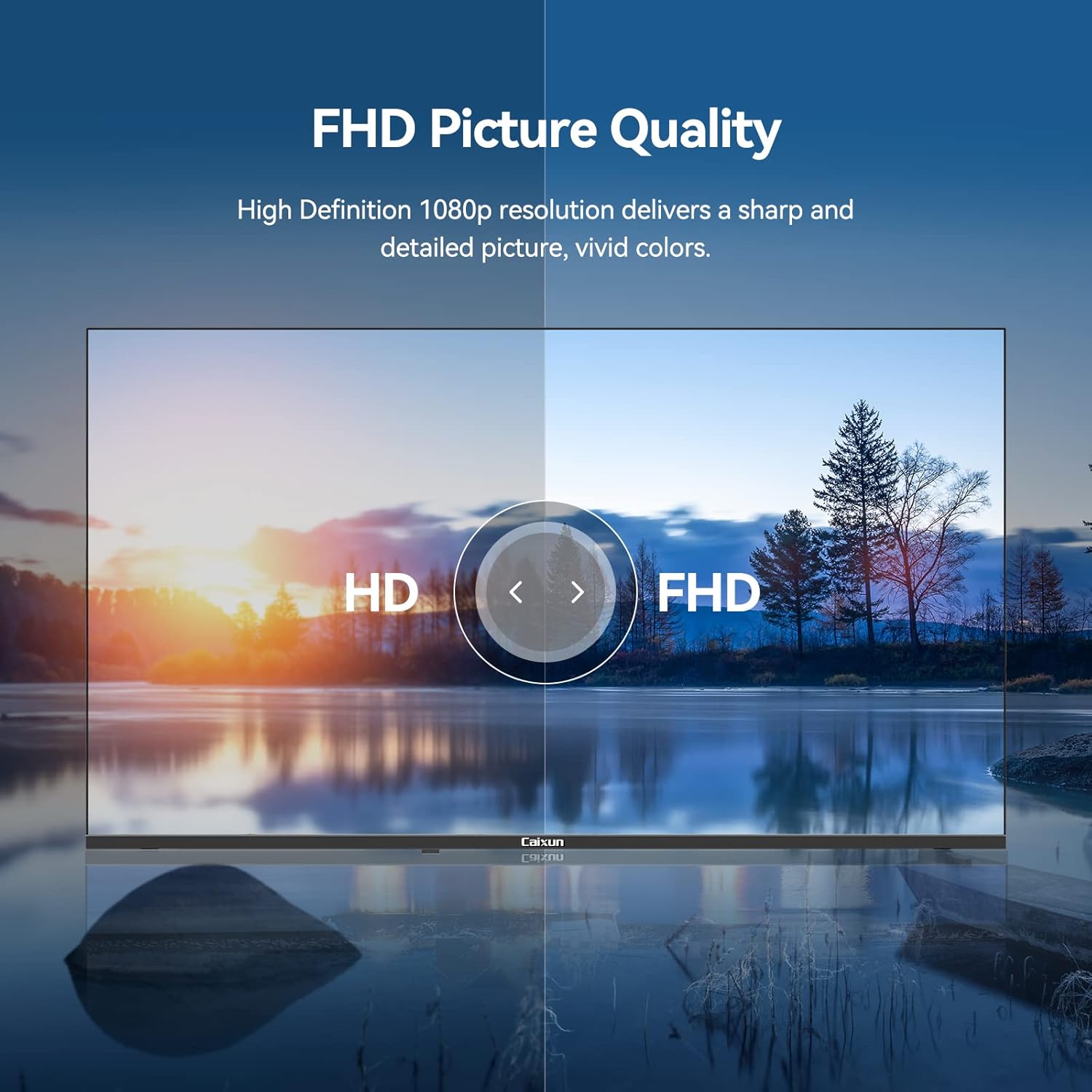 Comparison image showing the difference between HD and FHD picture quality on a TV screen.